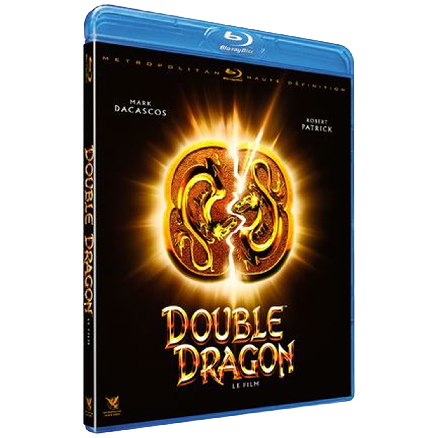 Jaquette Blu-ray du film Double Dragon. Avec Mark Dacascos et Robert Patrick. Dragons dorés sur fond noir, avec le titre du film.