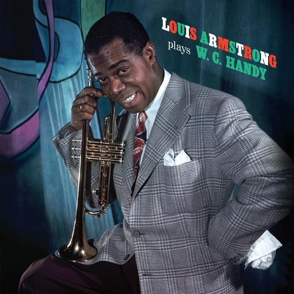 Louis Armstrong hält eine Trompete und trägt einen Anzug. Das Albumcover lautet: "Louis Armstrong spielt W.C. Handy".