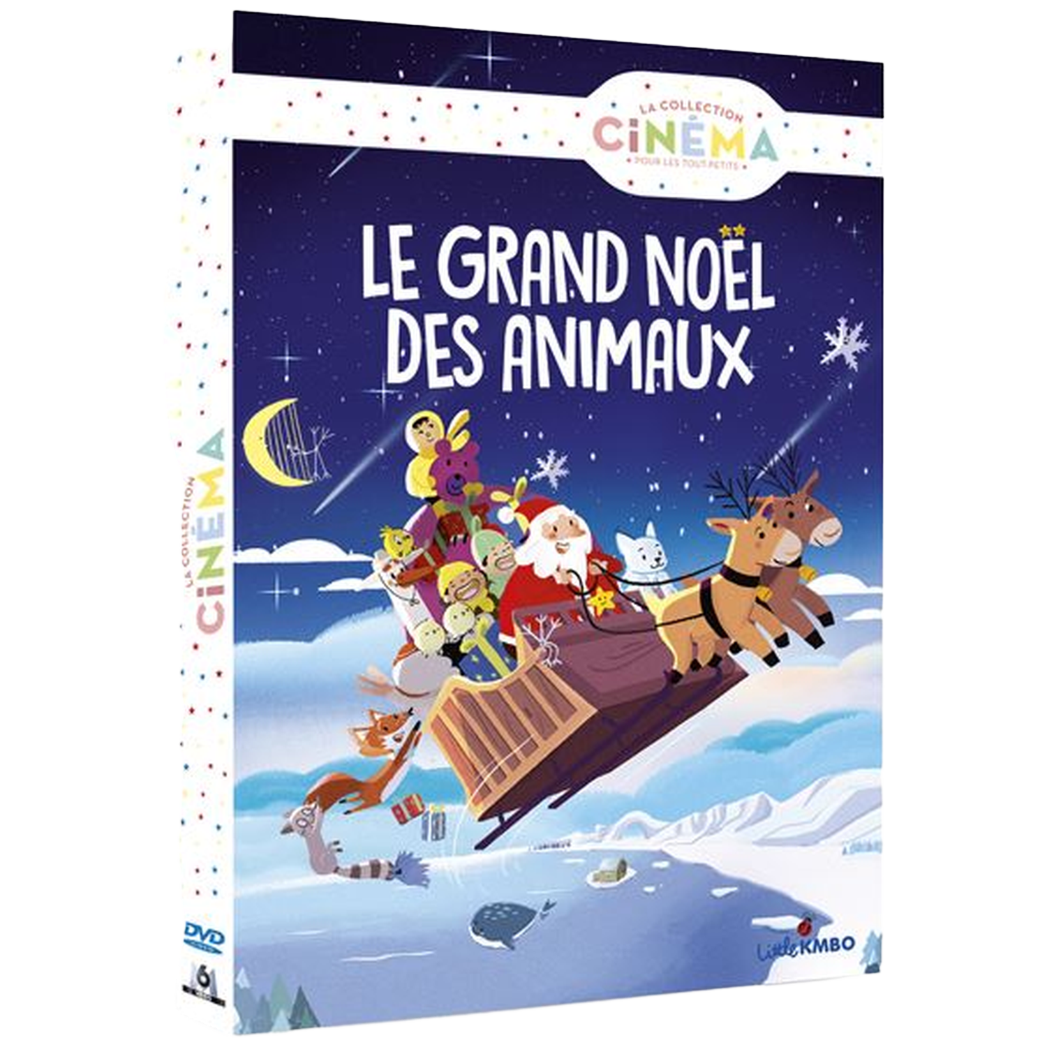 Couverture de DVD. Le Père Noël et des animaux dans un traîneau, tiré par des rennes, survolent un paysage enneigé. Le titre est 'Le Grand Noel des Animaux'.