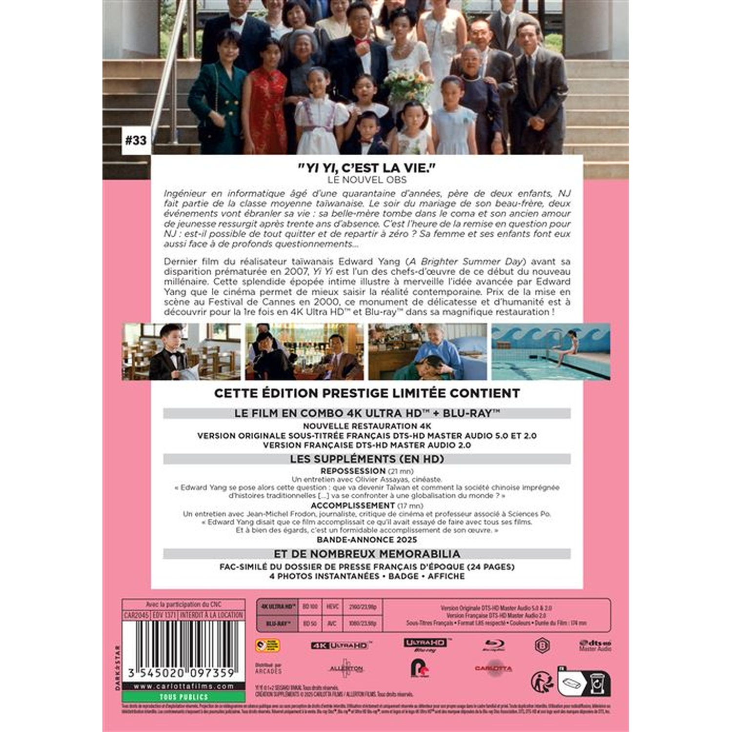 Une couverture de film avec photo de groupe et texte. Elle promeut 'Yi Yi, C'est la Vie' en français, une sortie 4K Ultra HD + Blu-ray.