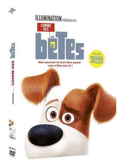 Couverture DVD de 'Comme des bêtes'. Un chien avec des poils bruns et blancs regarde le spectateur. Texte en français en haut.