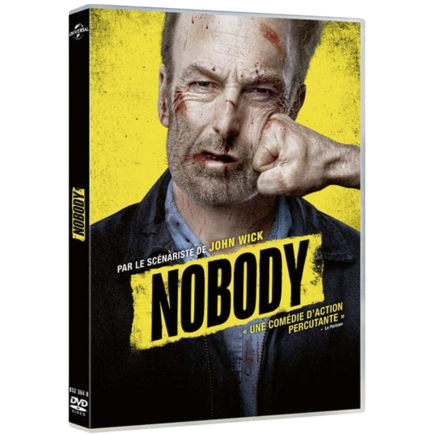 Couverture DVD de 'Nobody'. Un homme avec des blessures au visage est frappé. Le titre 'NOBODY' est en jaune sur fond noir.