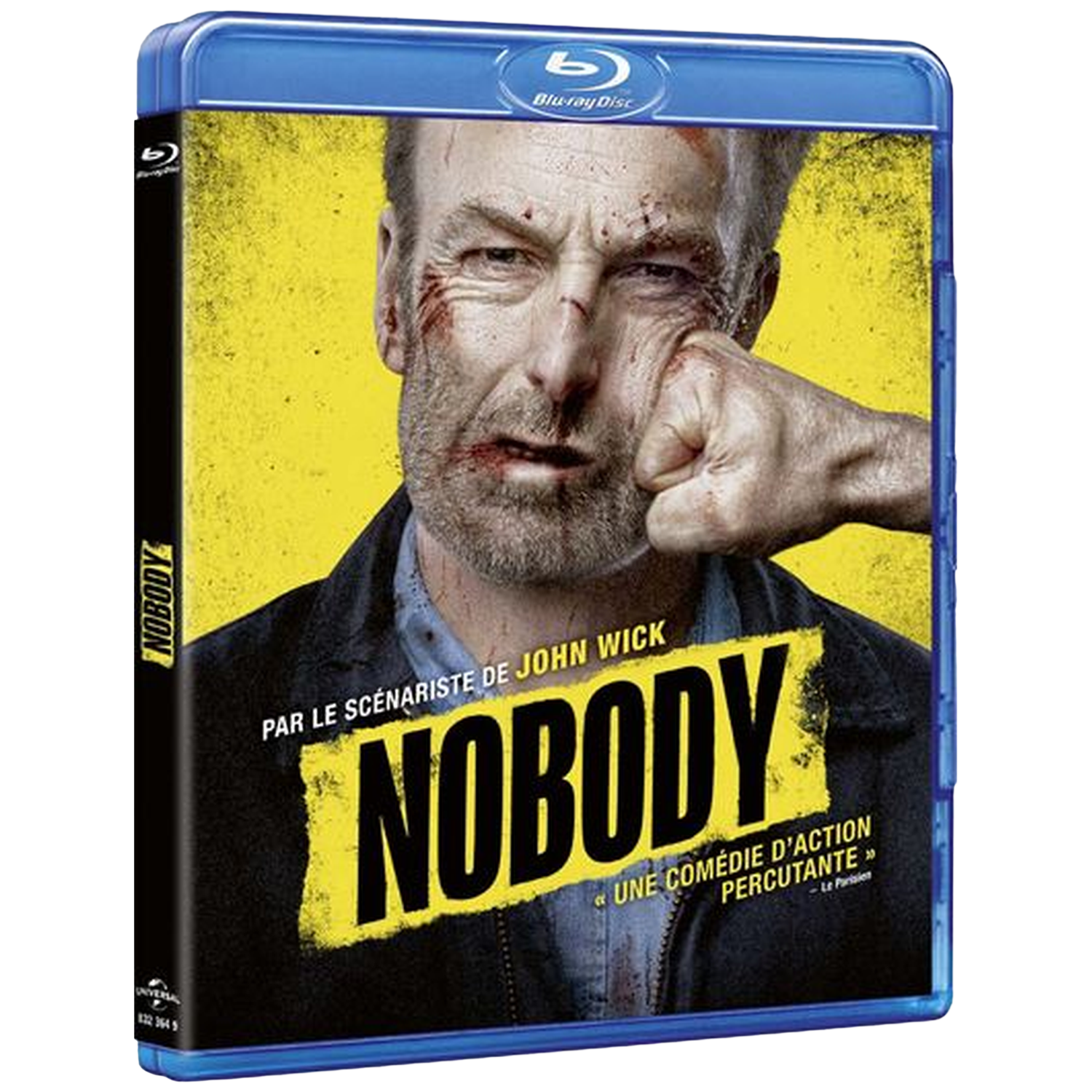 Couverture Blu-ray de 'Nobody'. Un homme au visage ensanglanté est frappé. Le titre 'NOBODY' est en jaune.