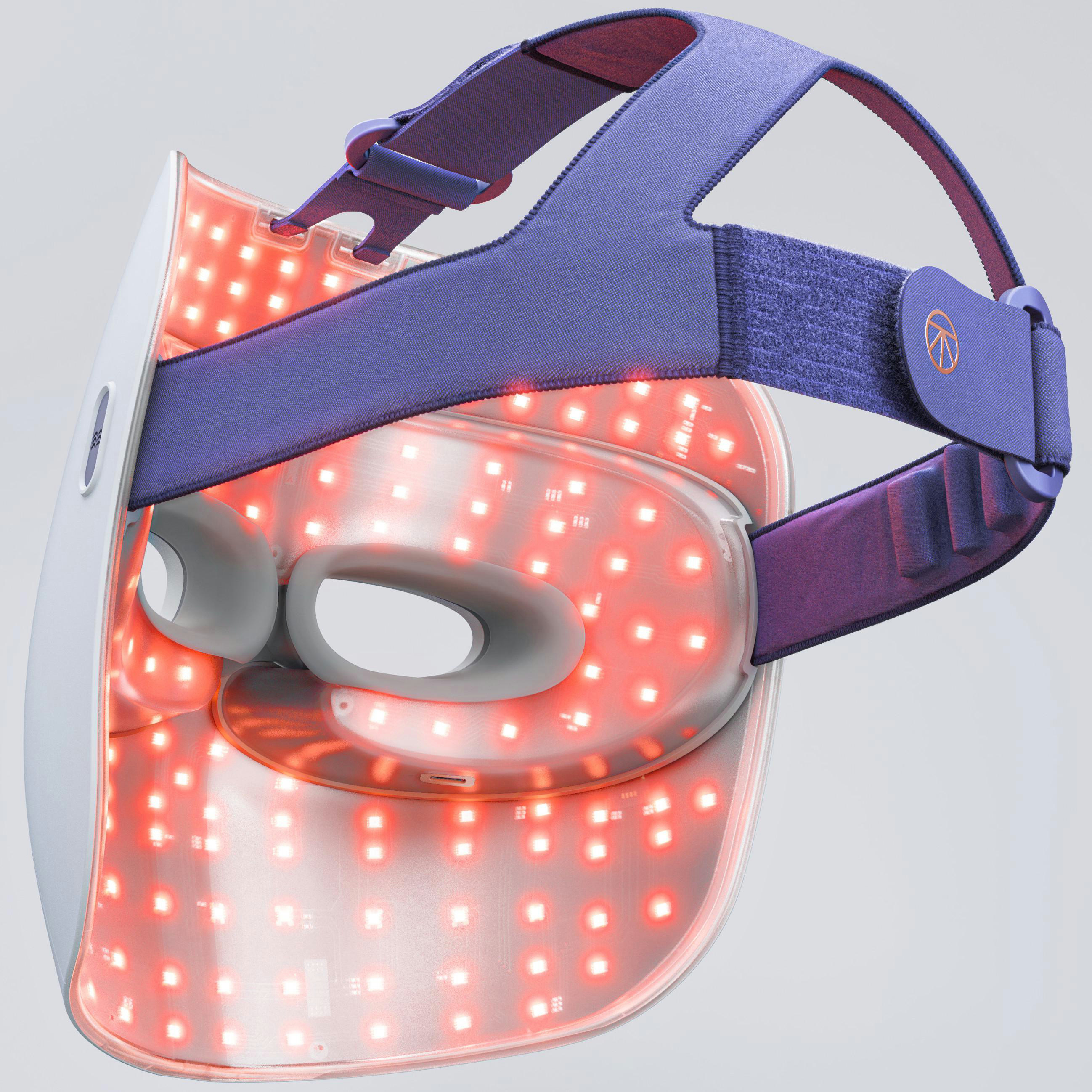 LED-Gesichtsmaske mit roten Lichtern, lila Riemen und weißem Rahmen.