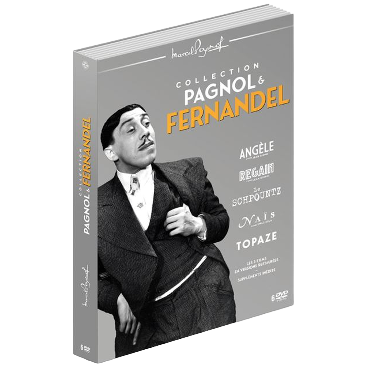 DVD-boxset van Pagnol & Fernandel-films. Bevat een zwart-witfoto van Fernandel. Titels van films staan op de cover.