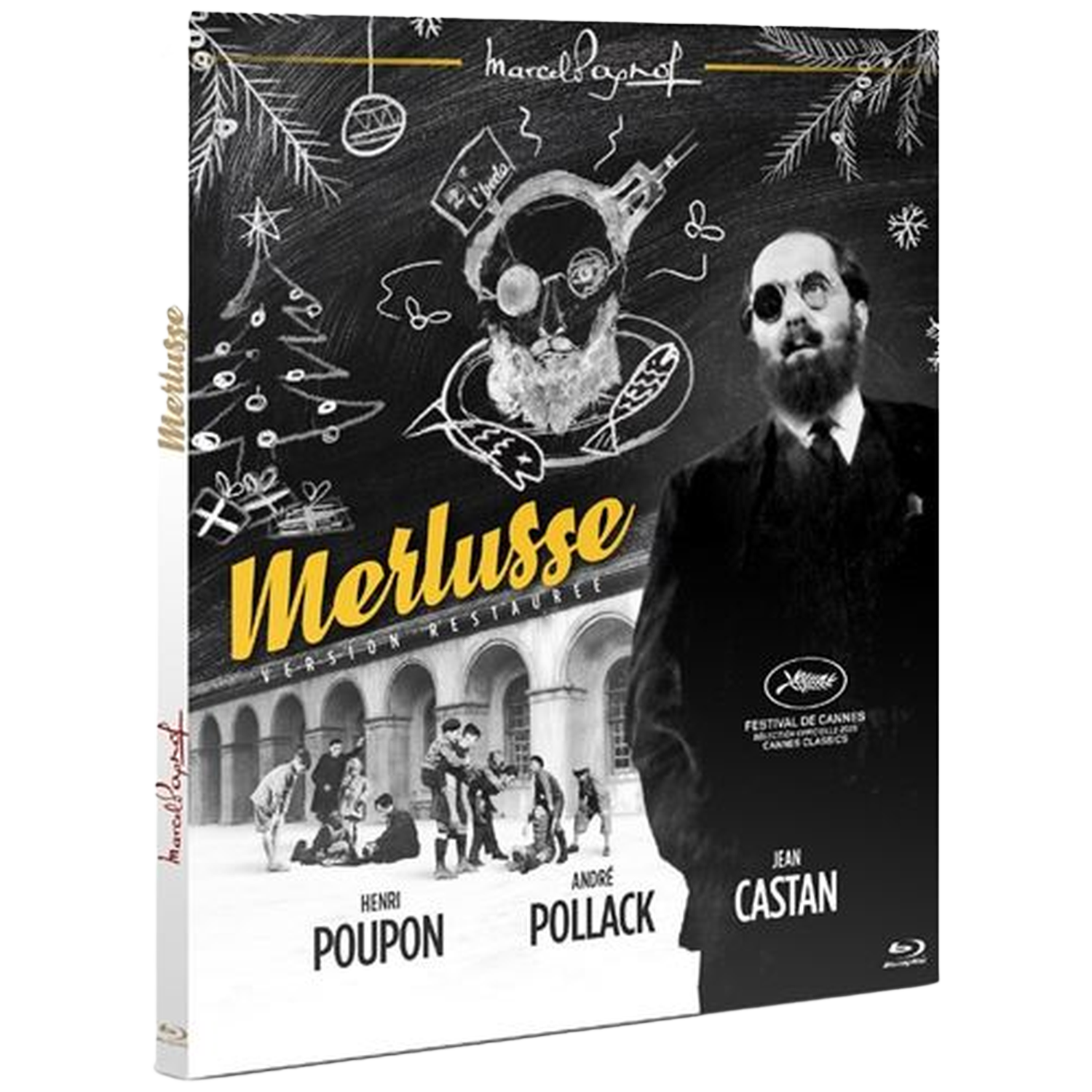 DVD-hoes voor de film Merlusse. Met een man met baard en ooglap, en krijttekeningen. De namen van de acteurs staan vermeld.