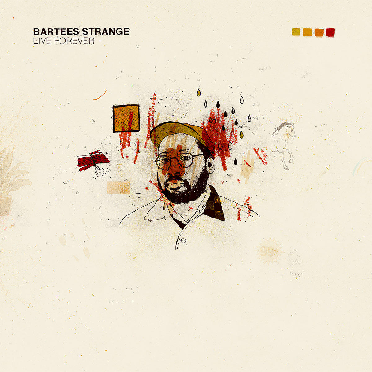 Albumcover mit Porträt eines Mannes mit Brille und Mütze. Rote Spritzer und abstrakte Kunst umgeben ihn. Text: Bartees Strange, Live Forever.