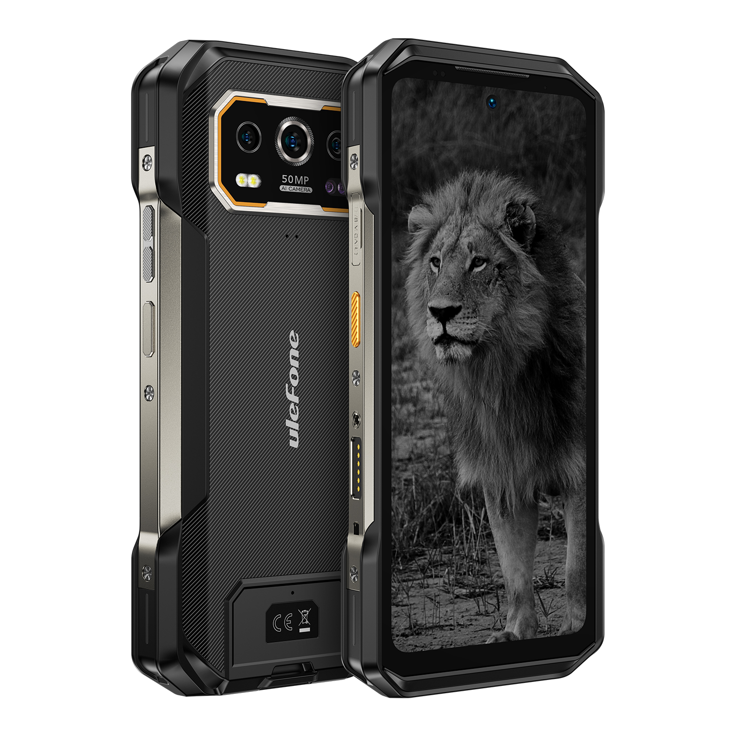 Két fekete okostelefon. Az egyiken oroszlán kép látható. A másikon kamerák és az Ulefone logója. Robusztus dizájn.