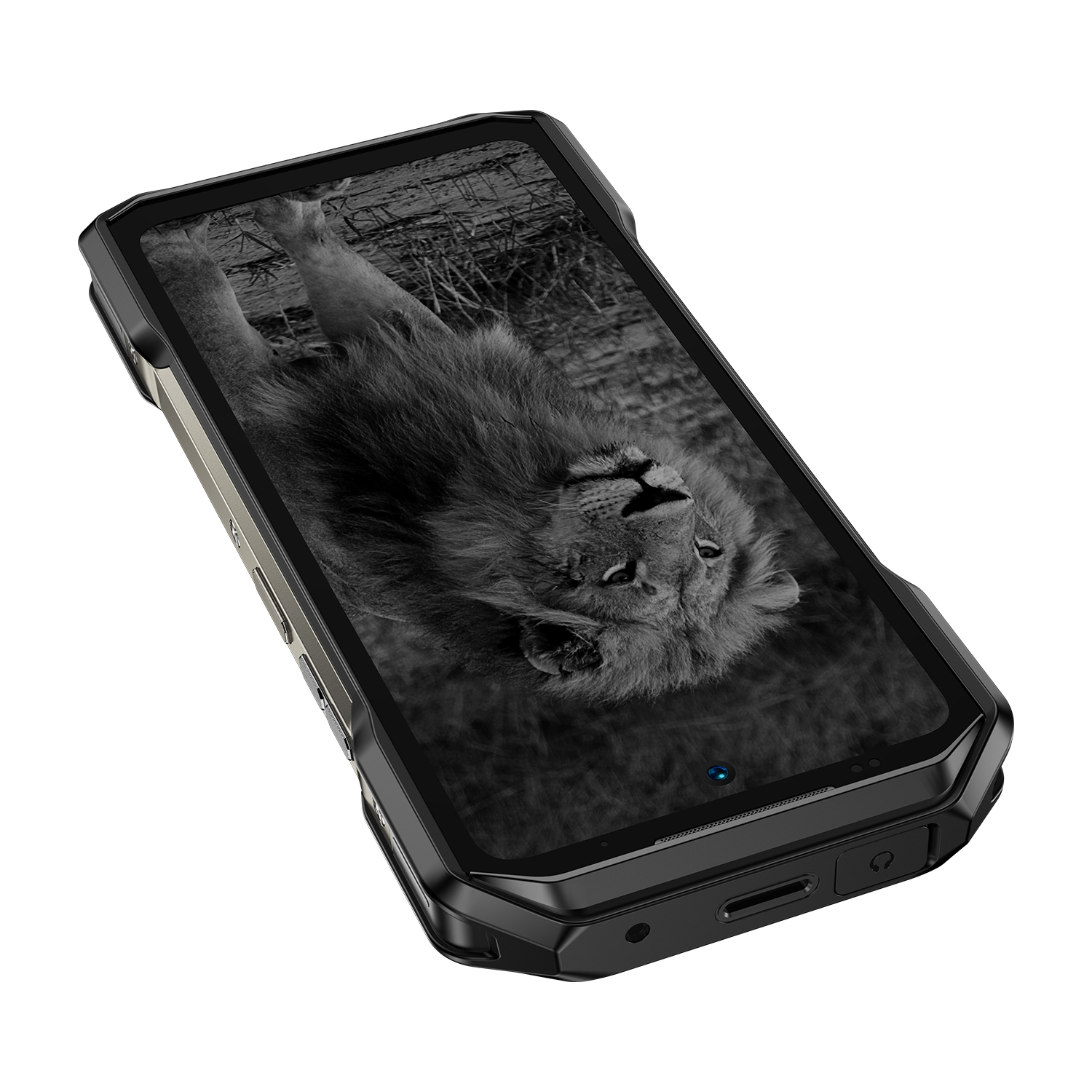 Egy fekete-ezüst okostelefon egy fekete-fehér képet jelenít meg egy felfelé néző oroszlánról. A telefon robusztus kialakítású.