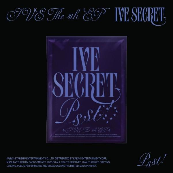 Das Albumcover zeigt „IVE SECRET Psst!“ in Lila auf schwarzem Hintergrund. Enthält Text: IVE The 4th EP und Produktionsdetails.