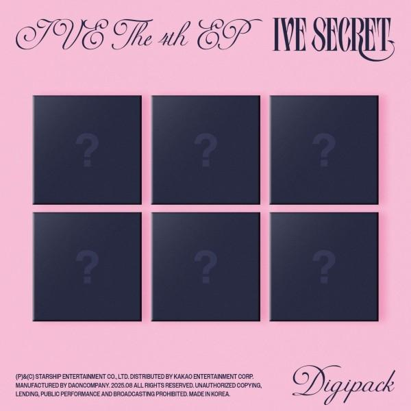 Rosa Albumcover. Sechs dunkle Quadrate mit Fragezeichen. Text: IVE The 4th EP IVE SECRET, Digipack. Kleiner Text unten.