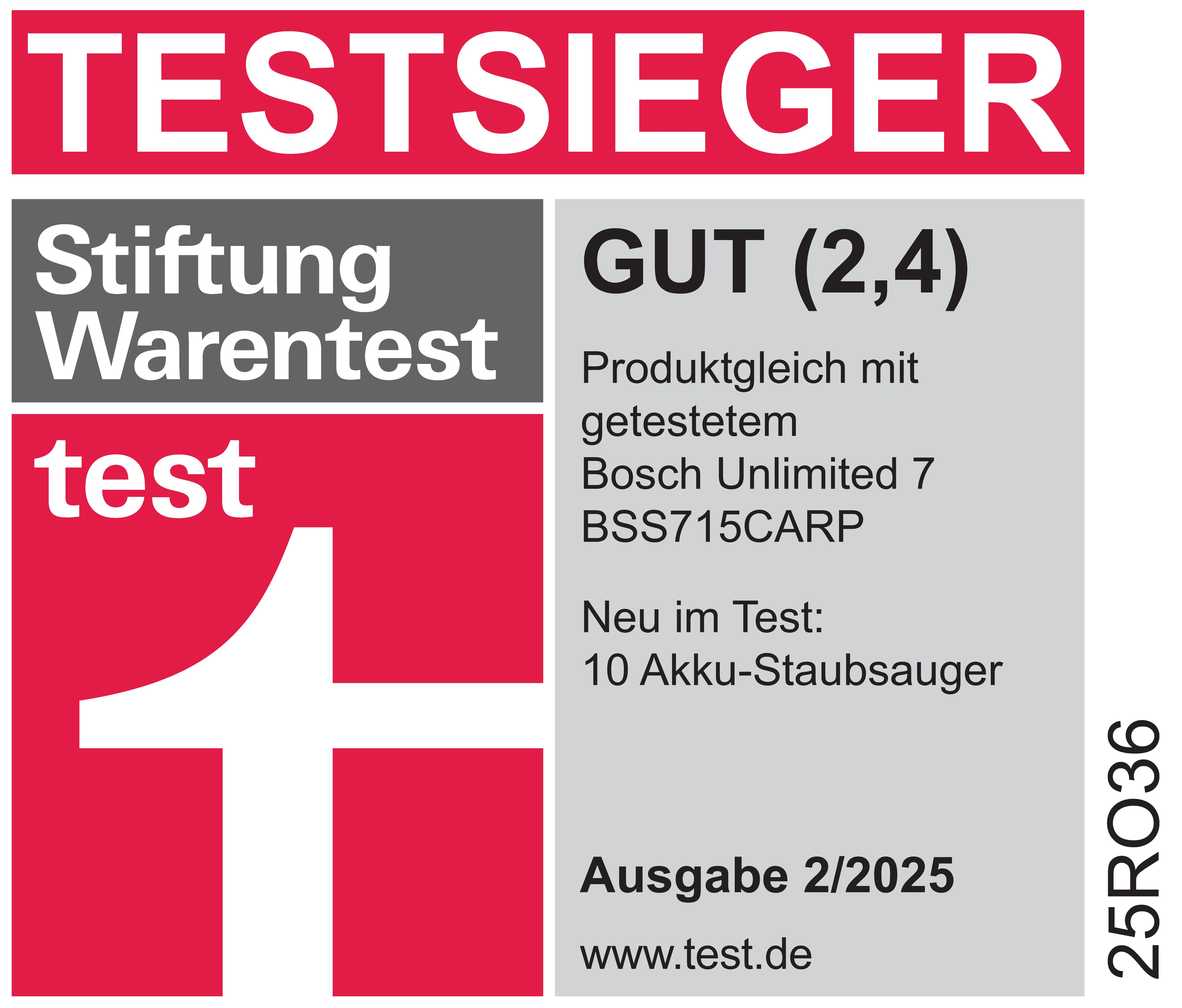 Bild mit Text: 'TESTSIEGER', 'Stiftung Warentest', 'GUT (2,4)' und Produktdetails, mit rotem und grauem Hintergrund.