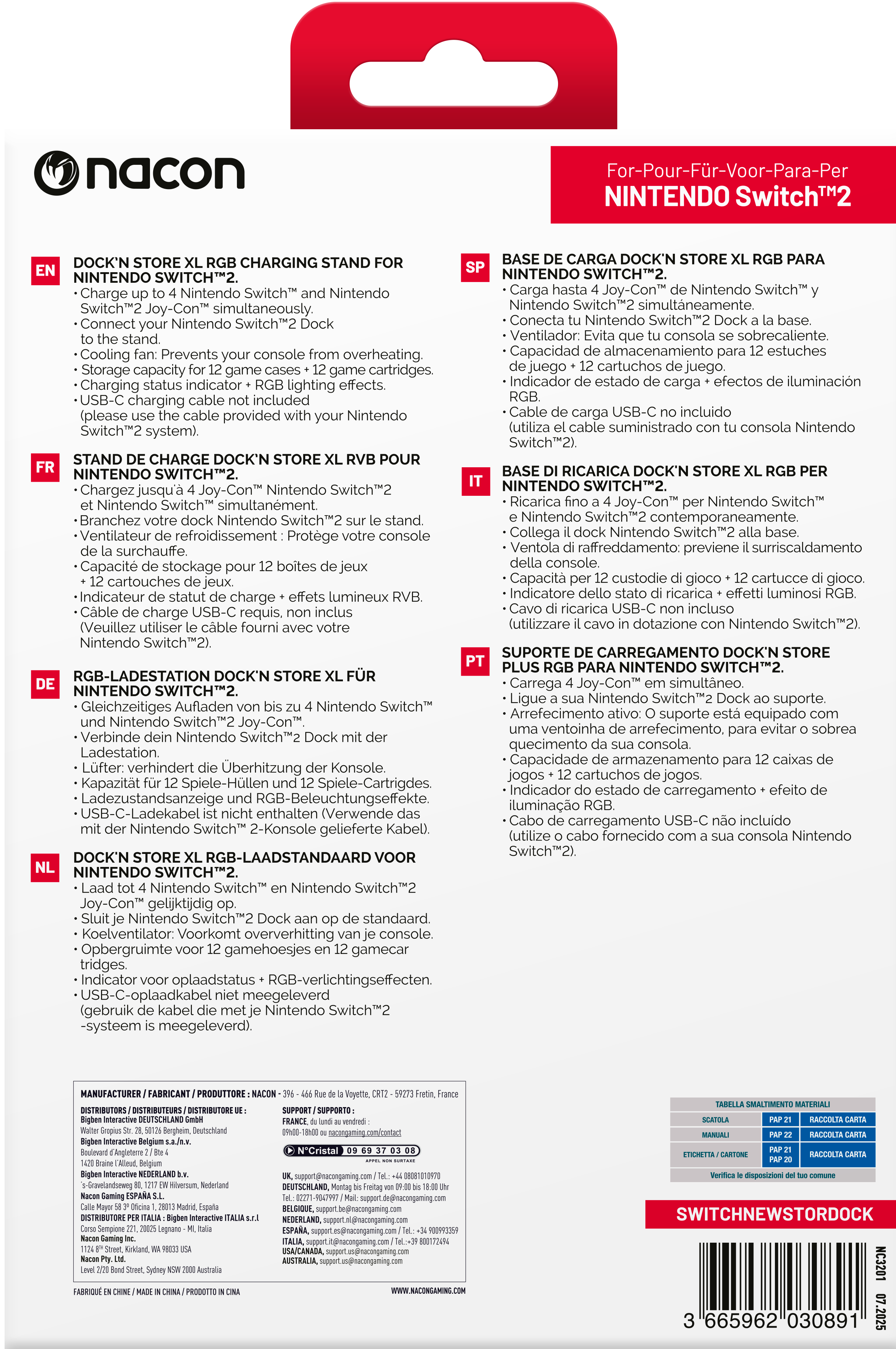 Das Bild zeigt eine Produktverpackung mit Text über einen Nintendo Switch-Ladeständer.