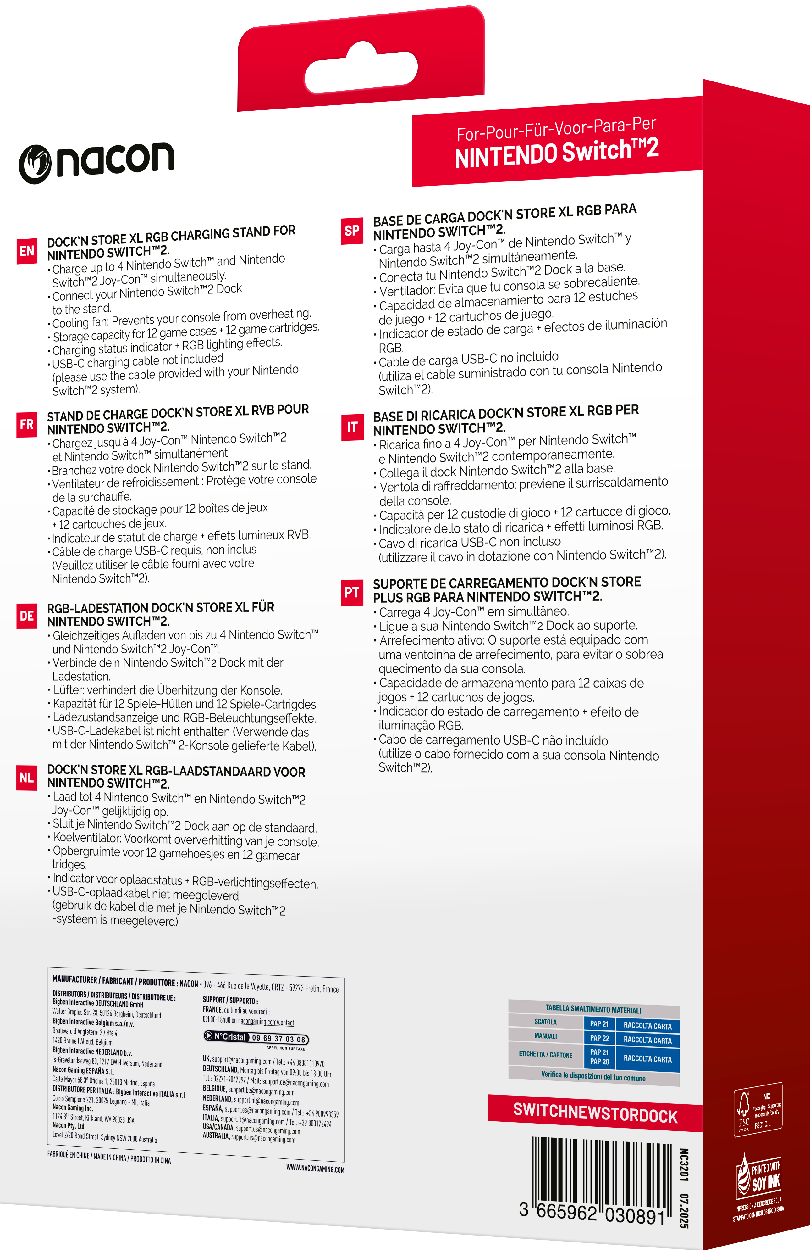 Schachtelkunst für Nintendo Switch Dock. Text in mehreren Sprachen. Enthält einen Barcode und Recycling-Informationen.