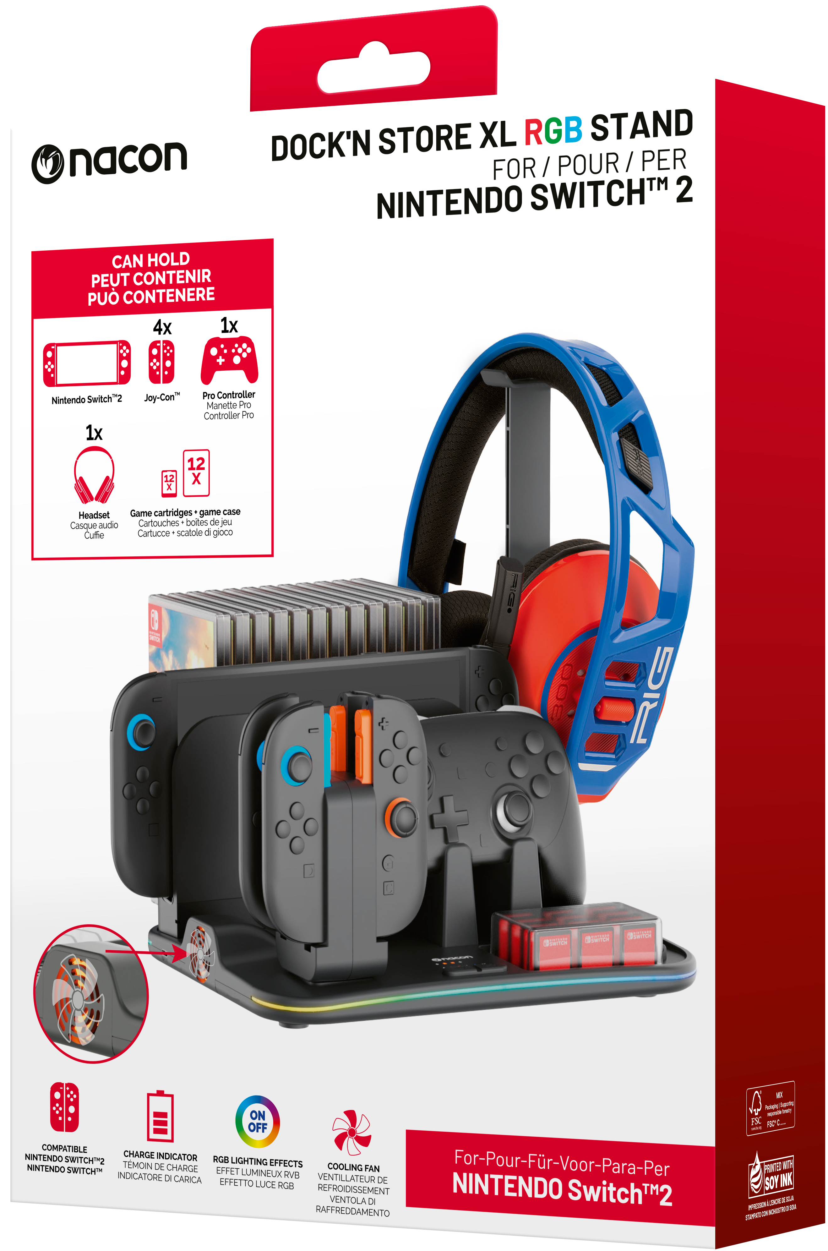 Ein Nintendo Switch-Ständer mit Headset, Controllern und Spielkassetten, alles auf schwarzer Basis mit RGB-Beleuchtung.