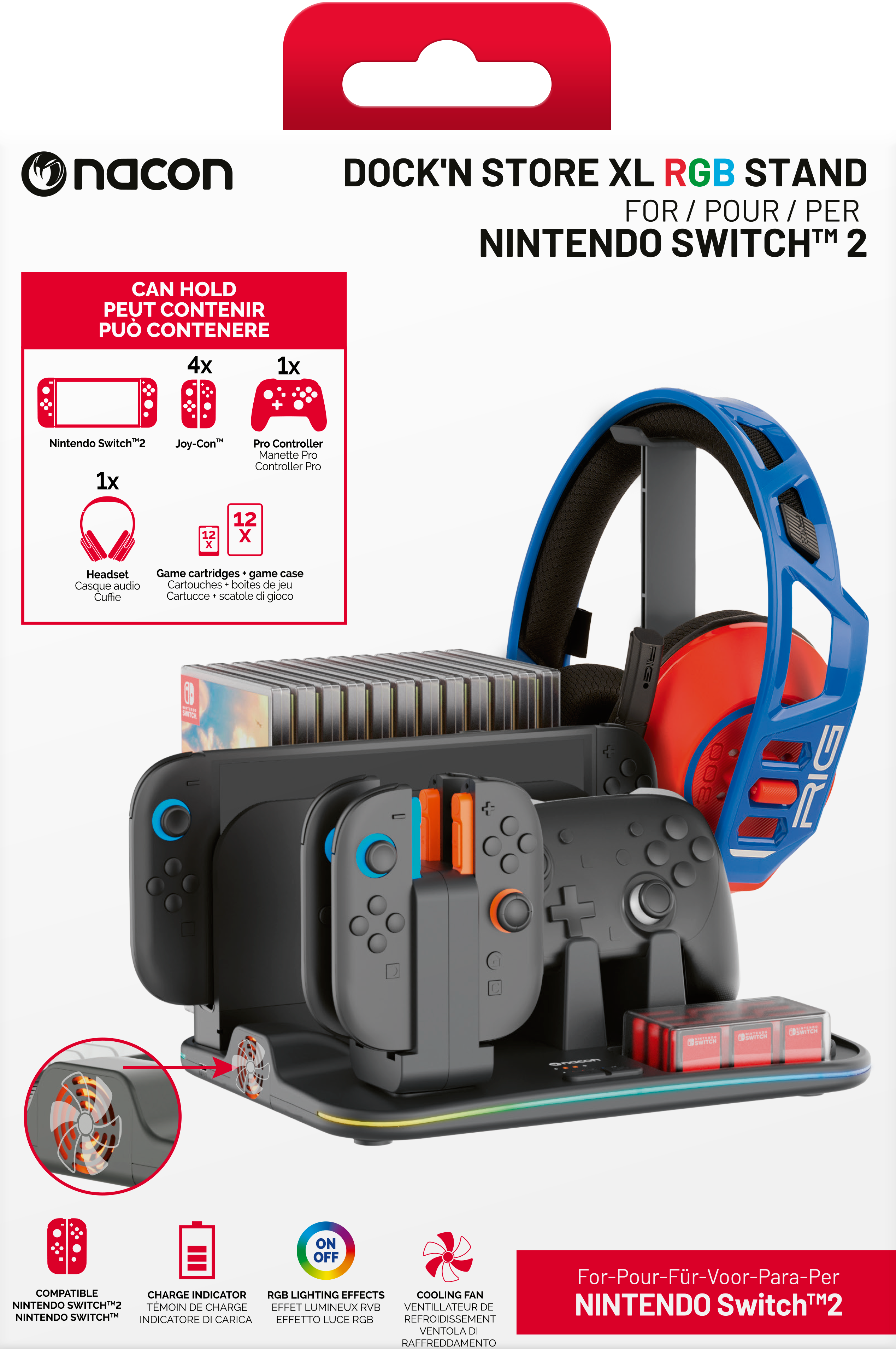 Dockingstation für Nintendo Switch mit Headset, Controllern und Spielkassettenaufbewahrung.