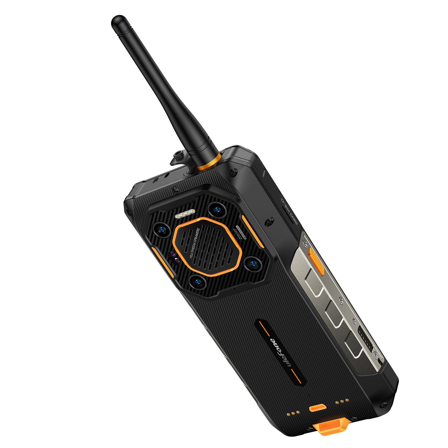 Fekete-narancssárga, strapabíró okostelefon antennával. Jellemzői a hangszóró, több kamera és az Ulefone logó.
