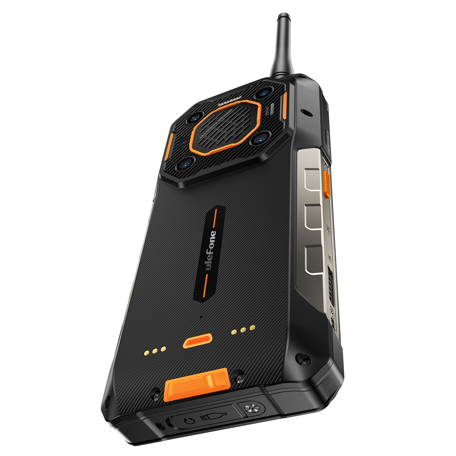 Fekete-narancs Ulefone strapabíró okostelefon. Kamera, antenna és gombok. A háttér fehér.
