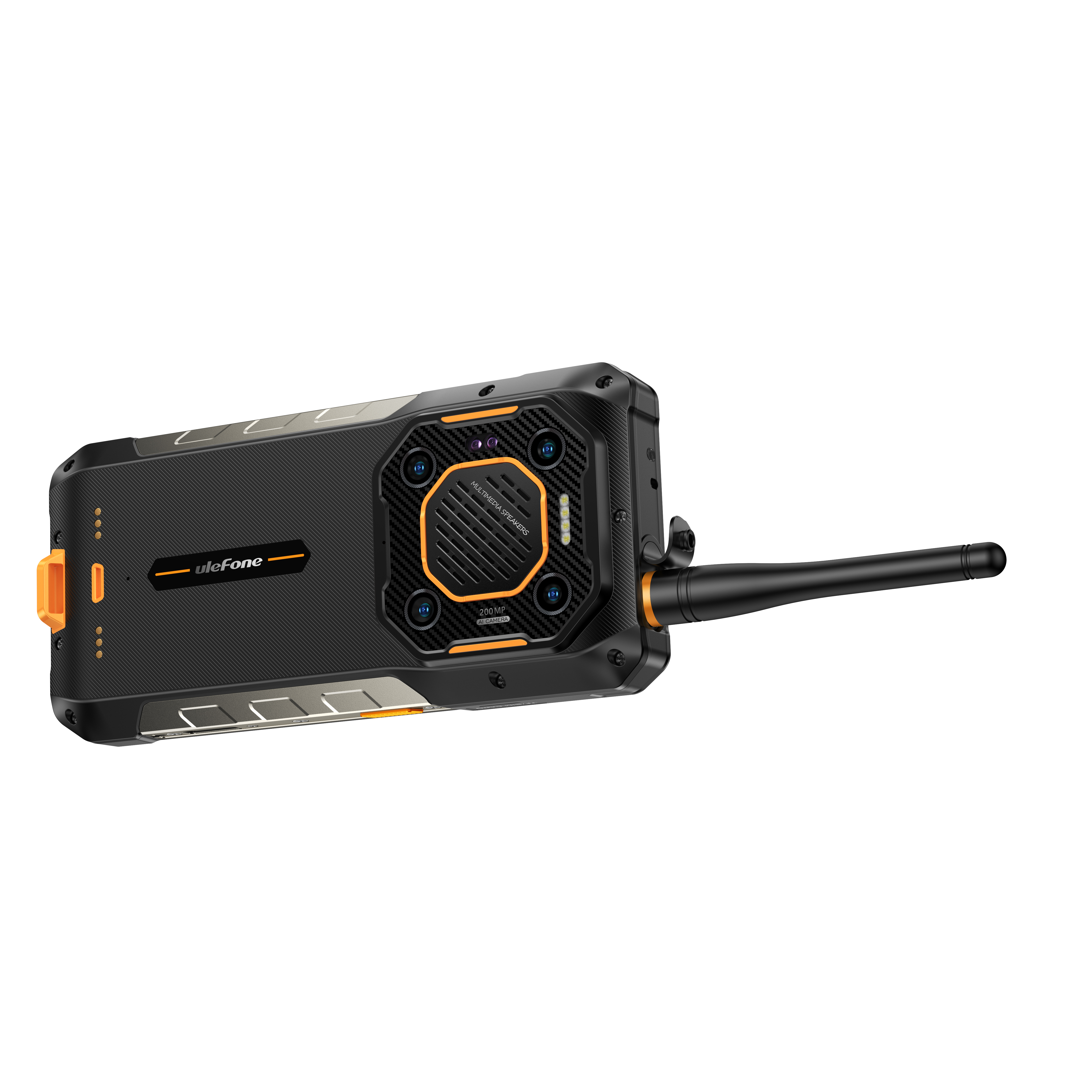 Robusztus fekete-narancs okostelefon kamerával és antennával. A telefon márkája az ulefone.