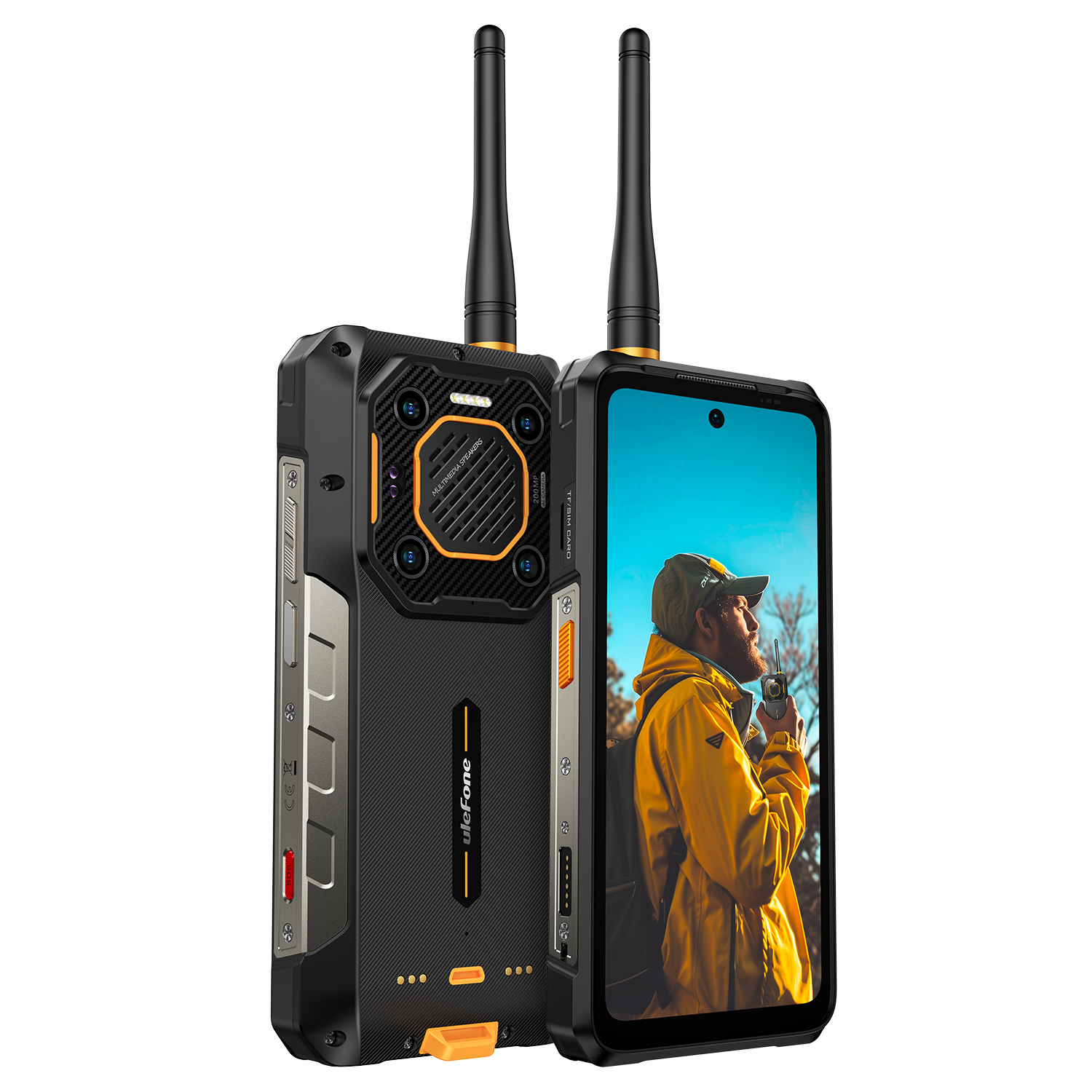 Robusztus Ulefone okostelefon két antennával. A képernyőn egy sárga kabátos férfi látható, aki rádiót használ. Fekete-narancs design.
