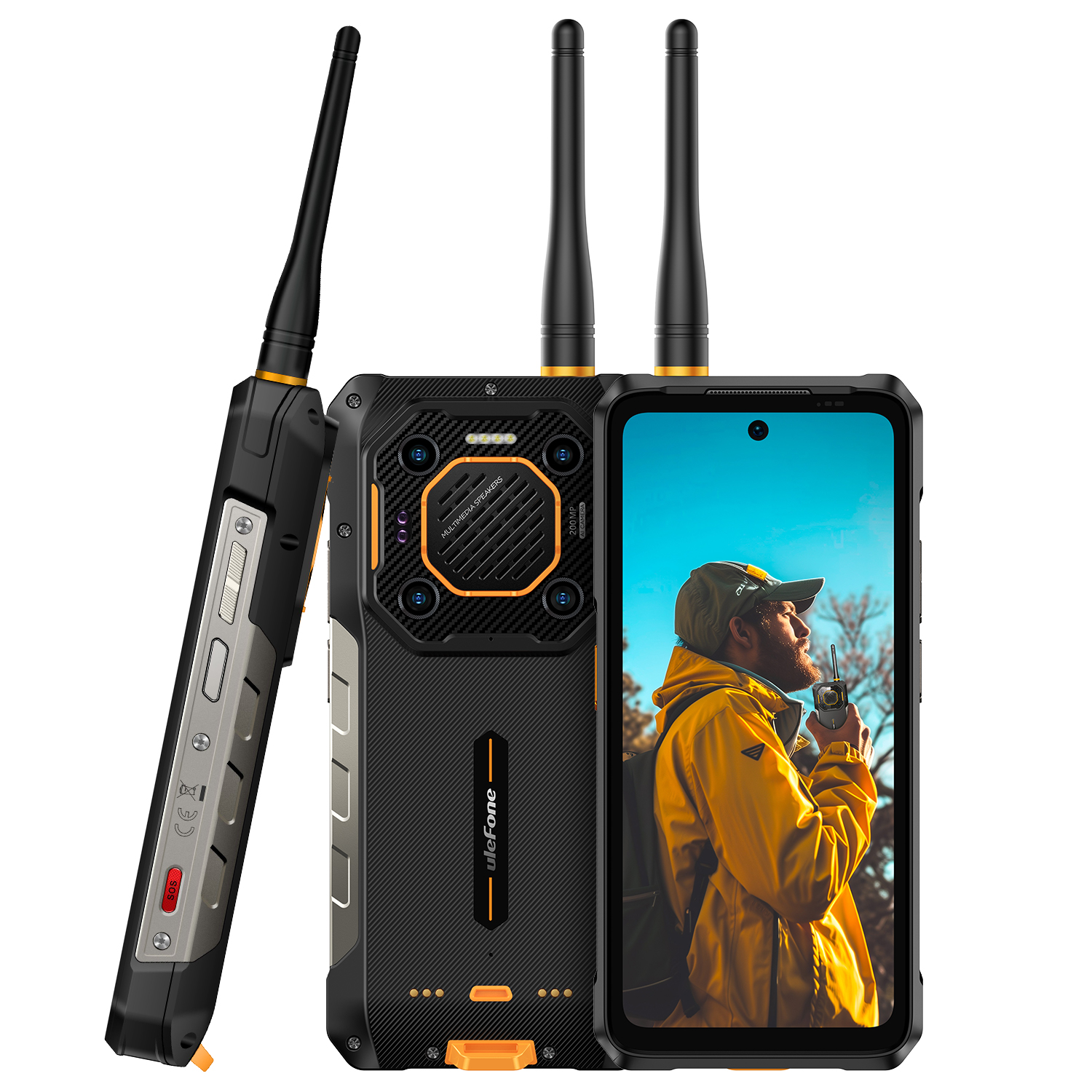 Robusztus okostelefon antennákkal, egy sárga kabátos férfit mutat, aki rádiót tart. A telefon fekete és narancssárga.