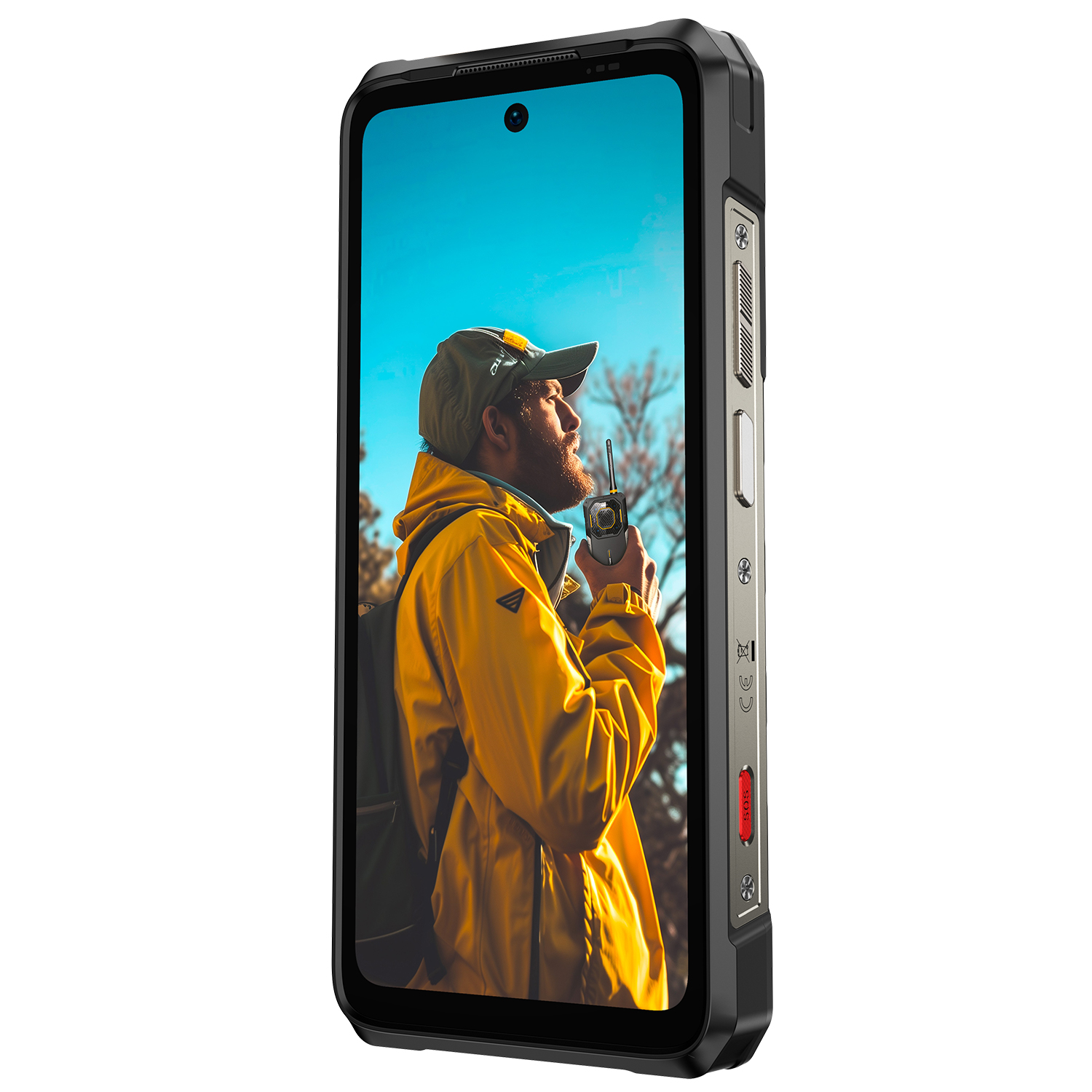 A strapabíró telefon egy sárga kabátos férfit jelenít meg, amint rádiót tart, kék éggel a háttérben. A telefon fekete és szürke.