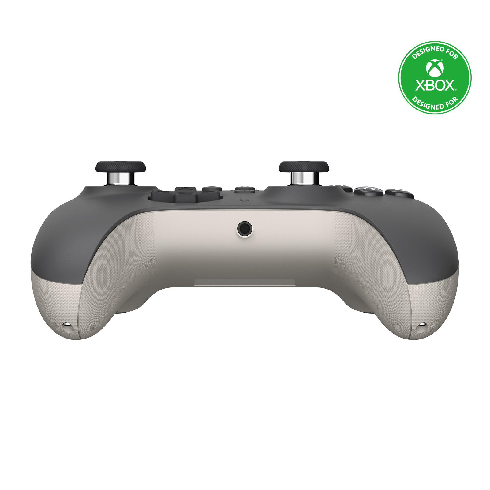 Xbox-Controller, grau und beige mit schwarzen Tasten, auf Weiß. 'Designed for Xbox'-Logo oben rechts.