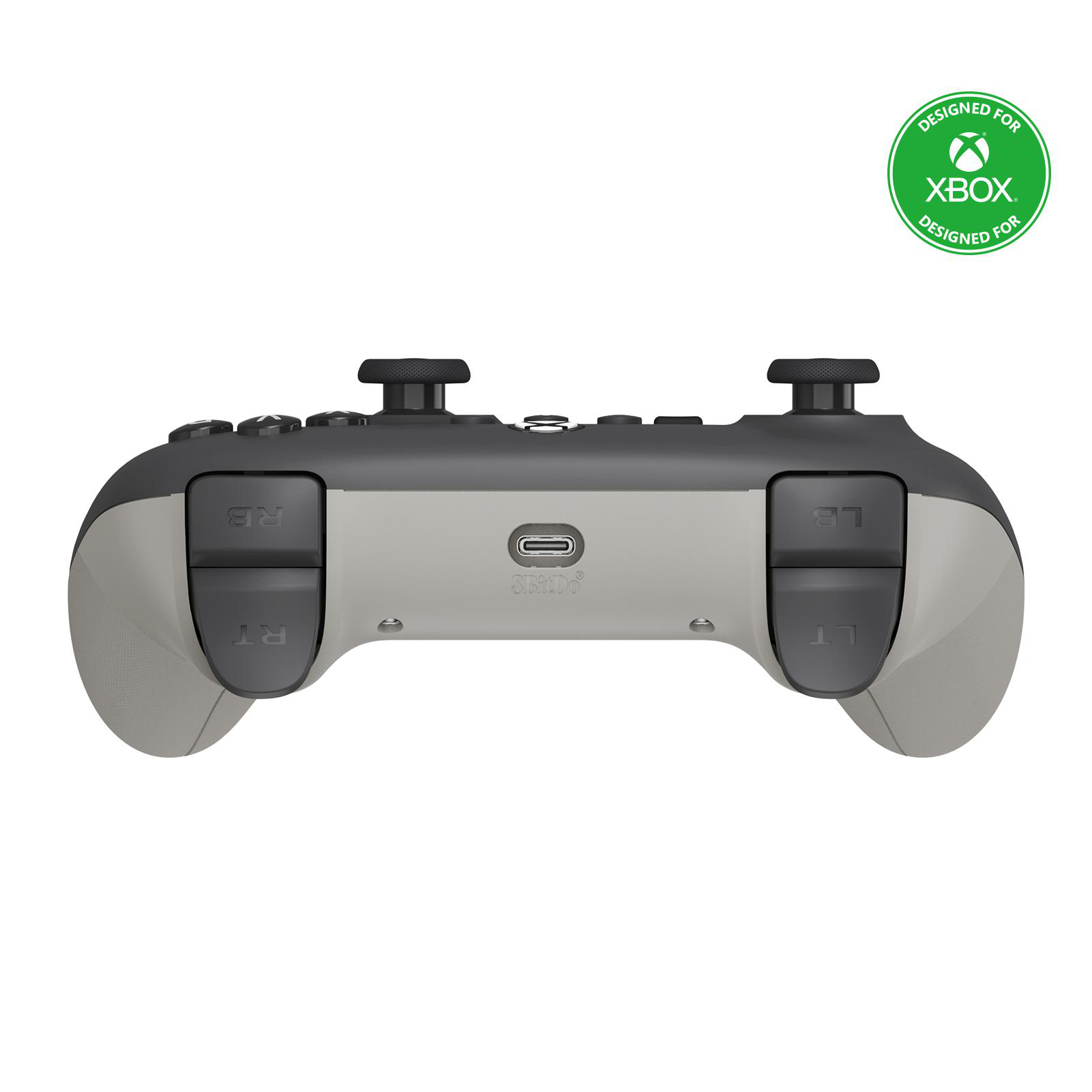 Xbox-Controller, grau und schwarz mit Tasten und Triggern. Entworfen für Xbox-Logo in Grün oben rechts.