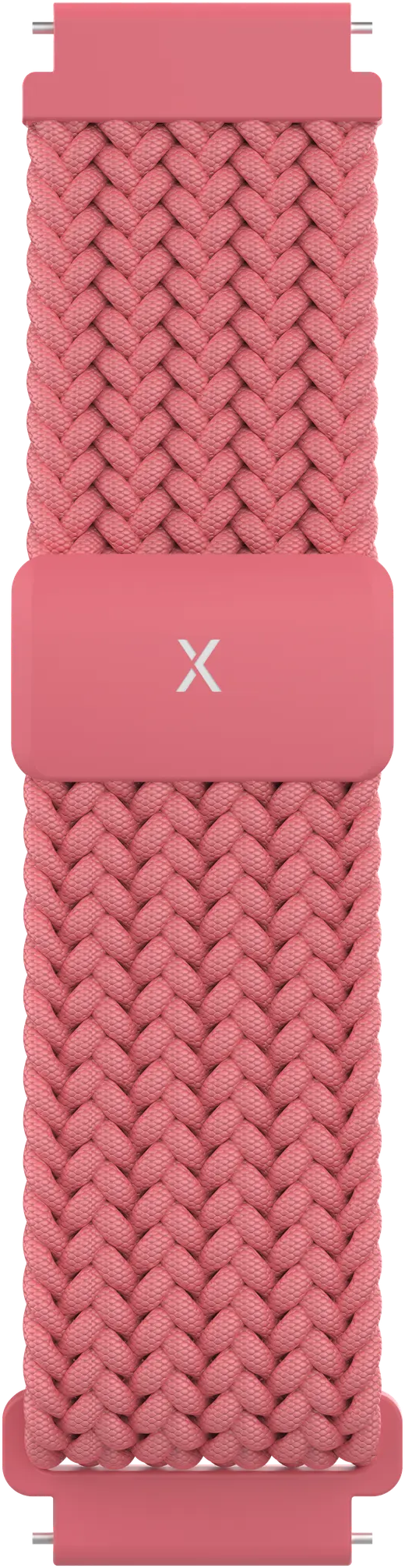 Bracelet de montre rose avec texture tressée. Un rectangle rose avec un X blanc au centre. Fond noir.