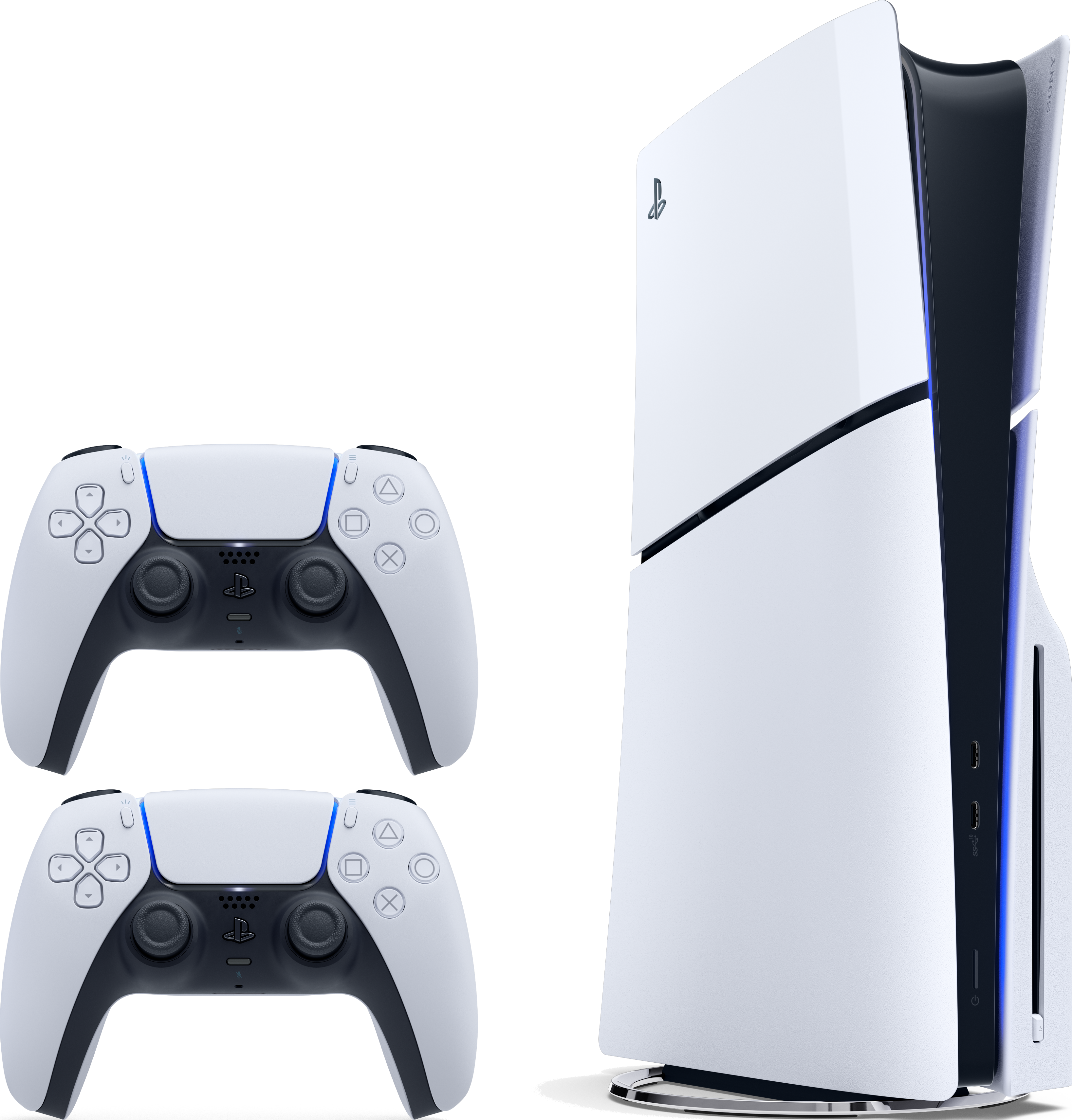L'immagine mostra una console PlayStation 5 e due controller. La console è bianca e nera. I controller sono bianchi e neri.