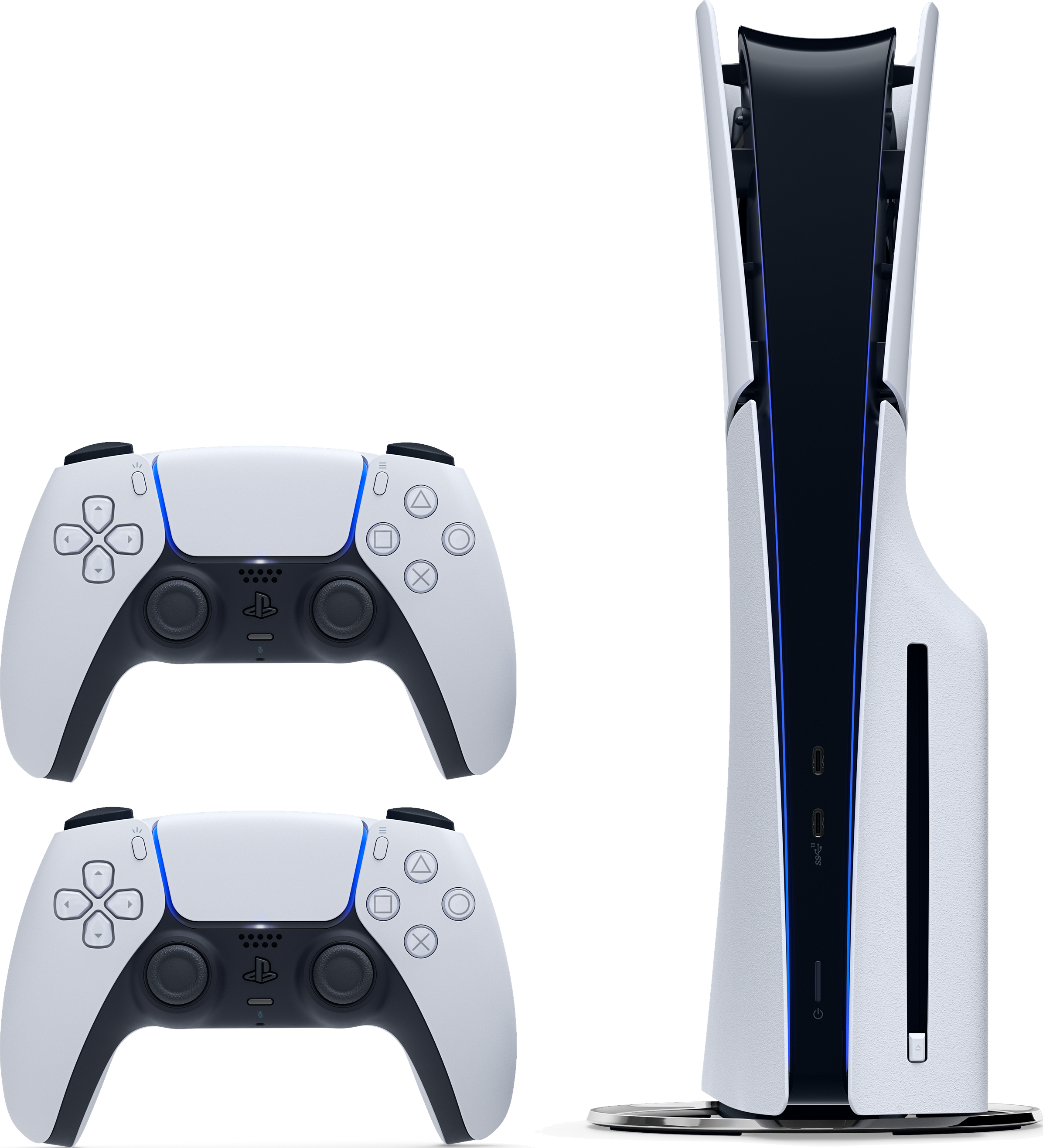 L'immagine mostra una console PS5 e due controller. Design bianco e nero. Controller in primo piano.