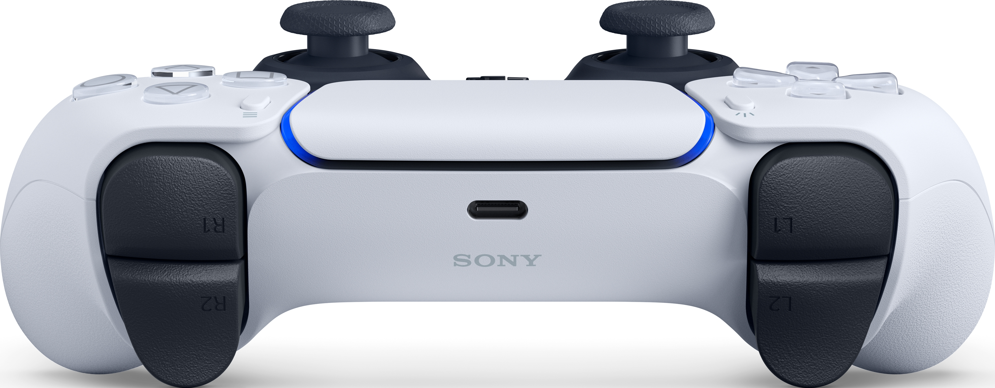 Un controller Sony PlayStation 5 bianco e nero. Ha pulsanti, levette analogiche e un touchpad. Il marchio è visibile.