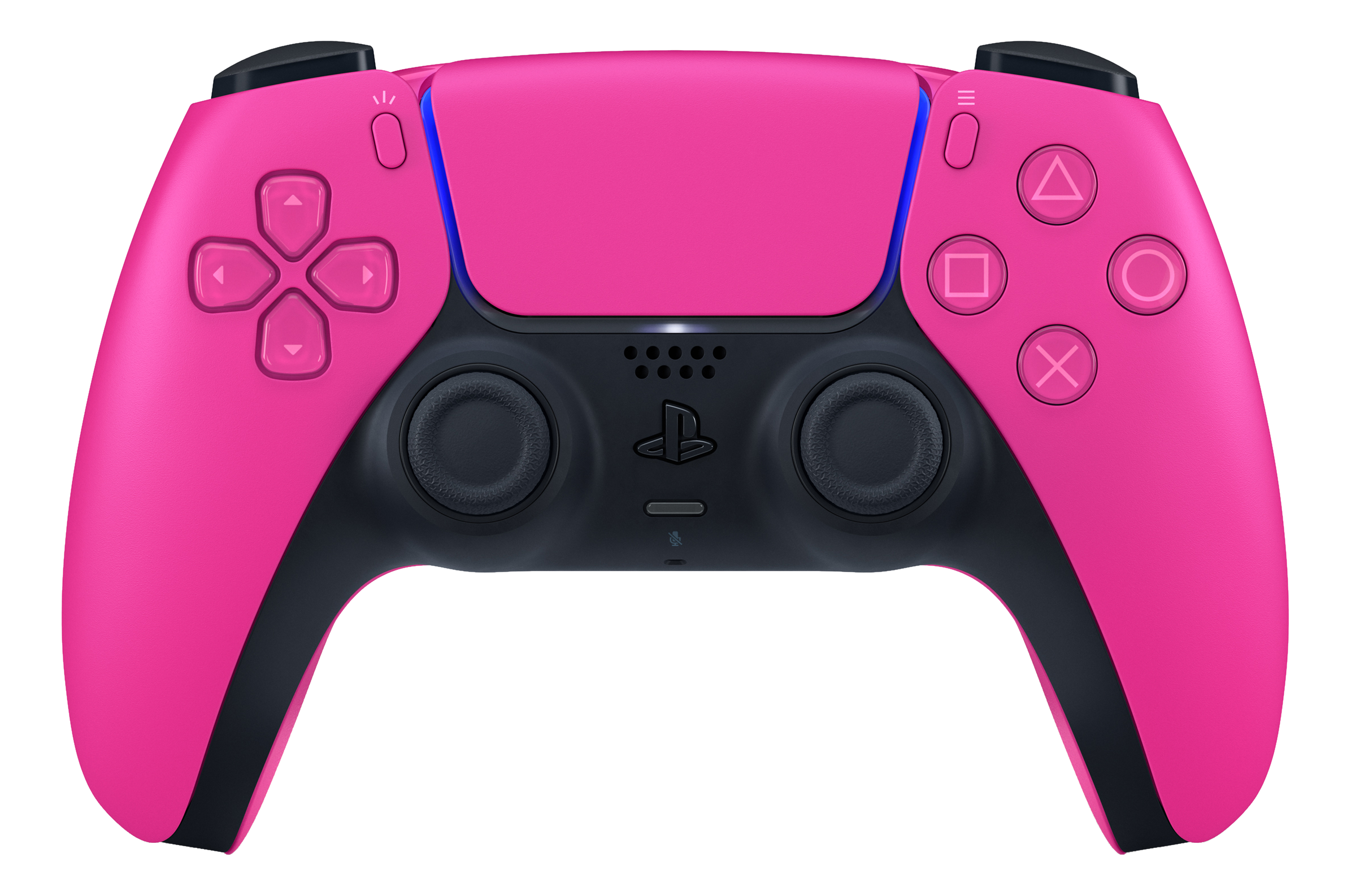 Une manette rose PlayStation 5 avec des accents noirs. Elle a des boutons et un pavé tactile.