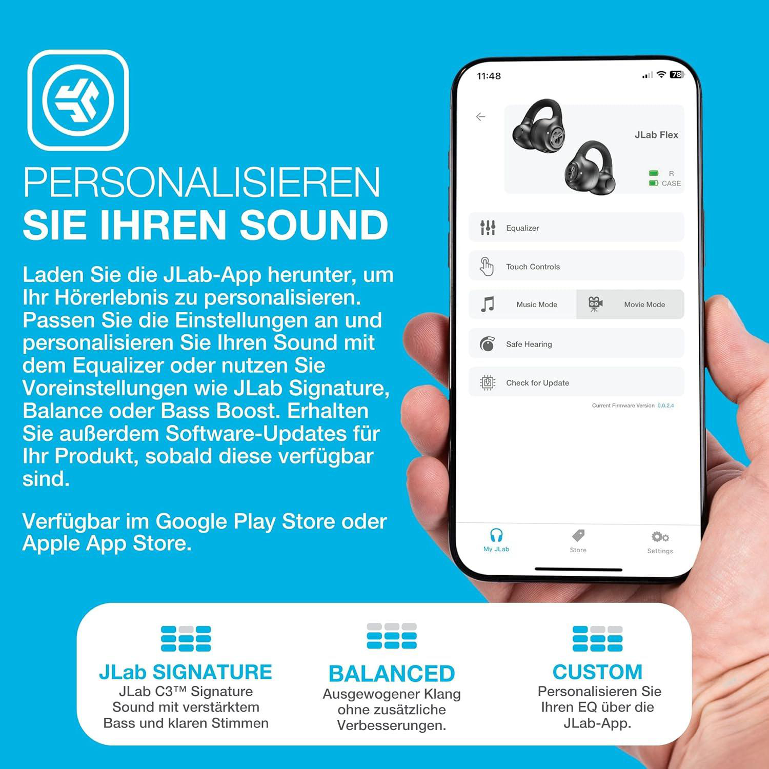 Ein Telefon zeigt die JLab-App-Oberfläche. Es zeigt Ohrhörer, Equalizer und andere Toneinstellungen. Text lautet 'Personalisiere deinen Sound'.