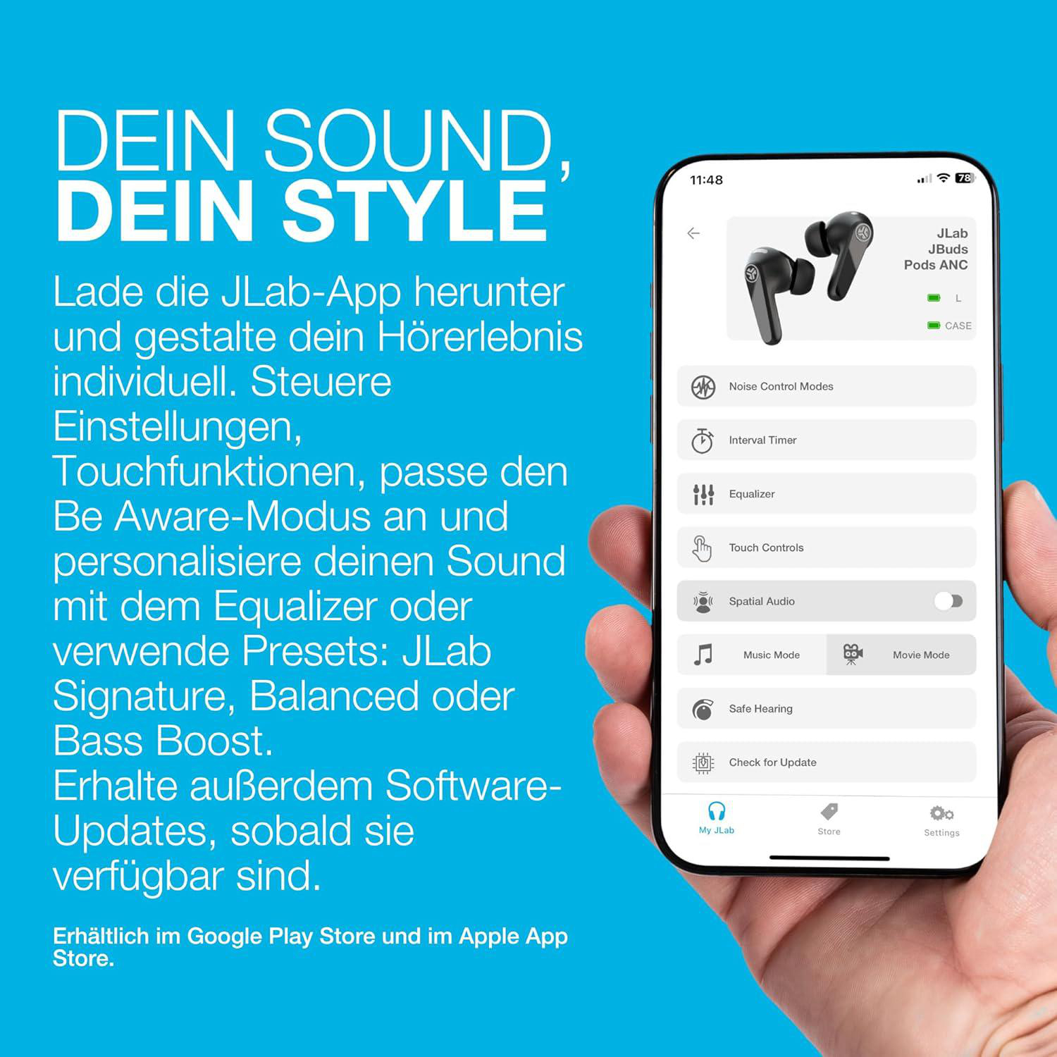 Eine Hand hält ein Telefon, auf dem die JLab-App angezeigt wird. Die App zeigt Einstellungen für JBuds ANC. Text: DEIN SOUND, DEIN STYLE.