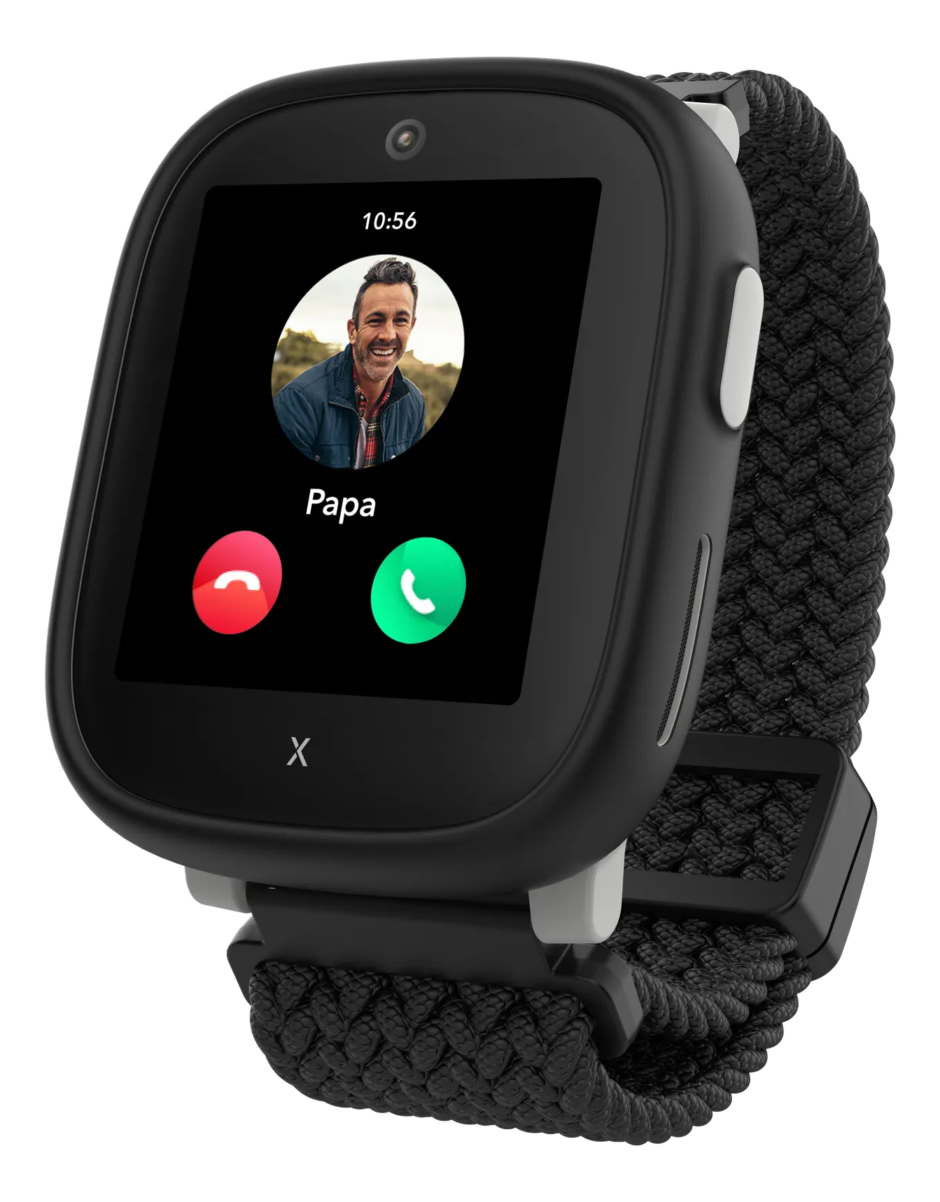 Montre connectée noire avec un écran d'appel montrant le visage d'un homme. L'écran affiche 'Papa' et les boutons d'acceptation/rejet d'appel.