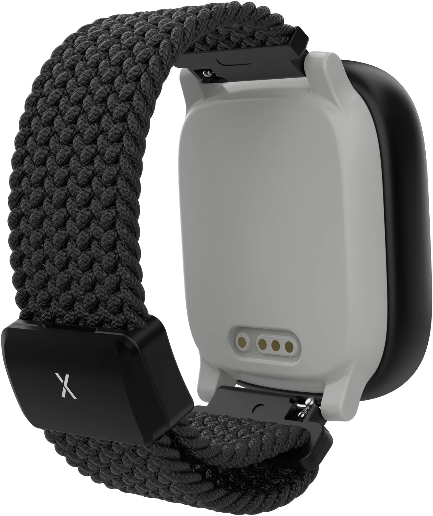 Une smartwatch avec un bracelet noir tressé. Le cadran est gris et noir. Le bracelet est relié au corps de la montre.
