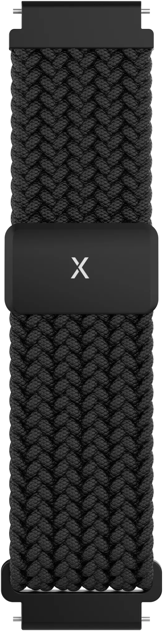 Un bracelet de montre noir. Il a un design tissé. Un fermoir noir avec une marque 'X' blanche.