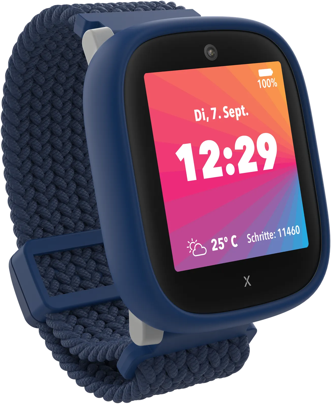 Blaue Smartwatch mit Uhrzeit, Datum und Temperatur. Gewebtes Armband und Touchscreen-Display. Akku bei 100%.