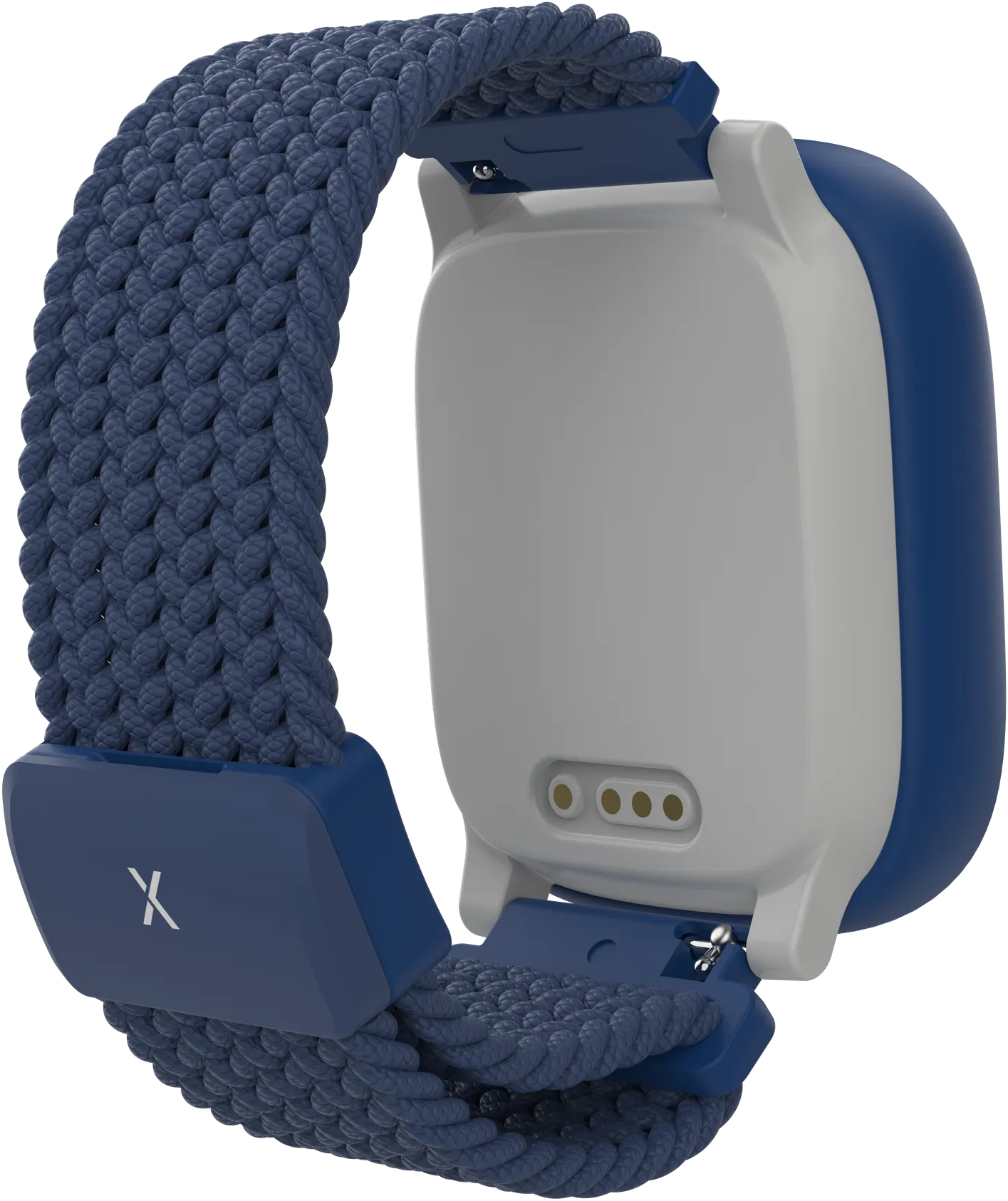 Eine Smartwatch mit blauem geflochtenem Armband und weißem und blauem Zifferblatt. Das Armband ist mit dem Uhrengehäuse verbunden.