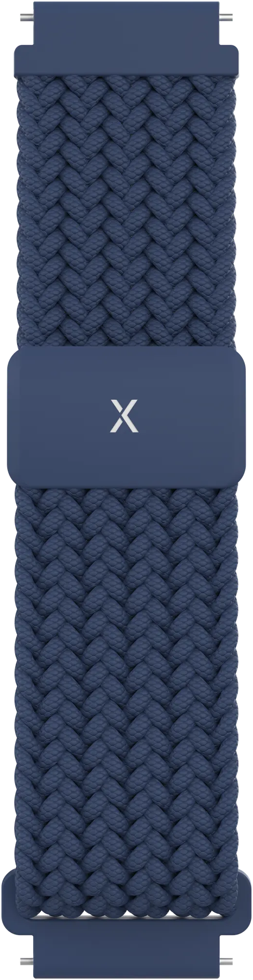 Ein marineblaues Uhrenarmband mit geflochtenem Design. Ein weißes 'X' zentriert auf einem marineblauen Verschluss.