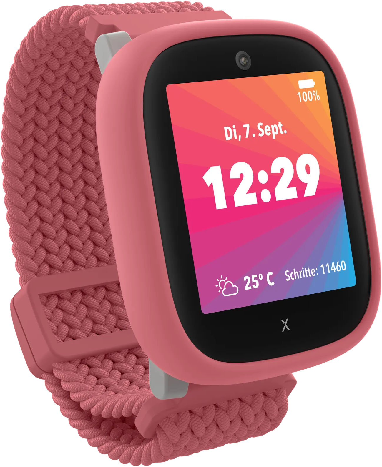 Montre intelligente rose avec bracelet tressé. L'écran affiche l'heure, la date, la température et le nombre de pas.