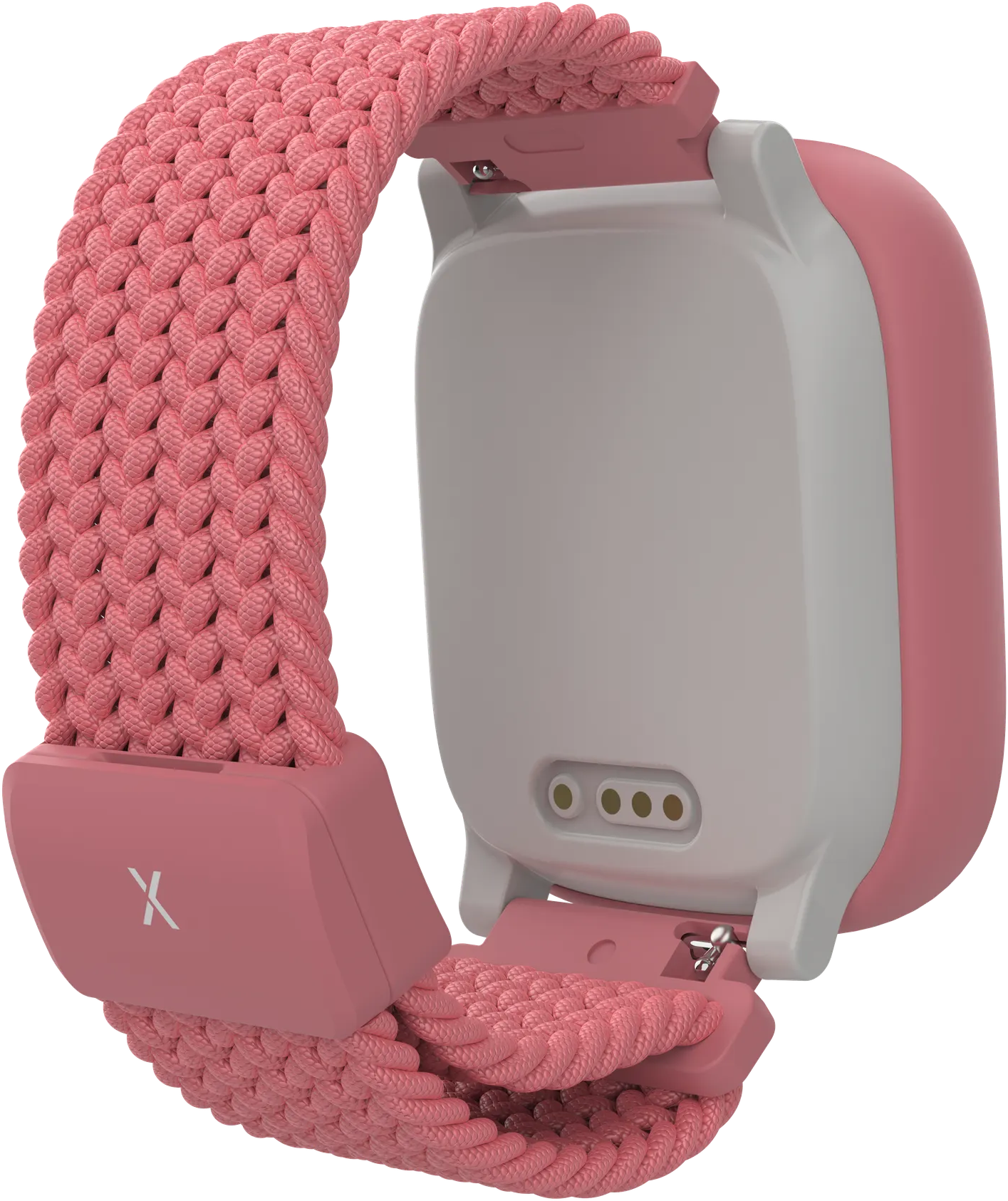 Une montre connectée rose avec un bracelet tressé est présentée. Le cadran est blanc et rose. Le fond est noir.