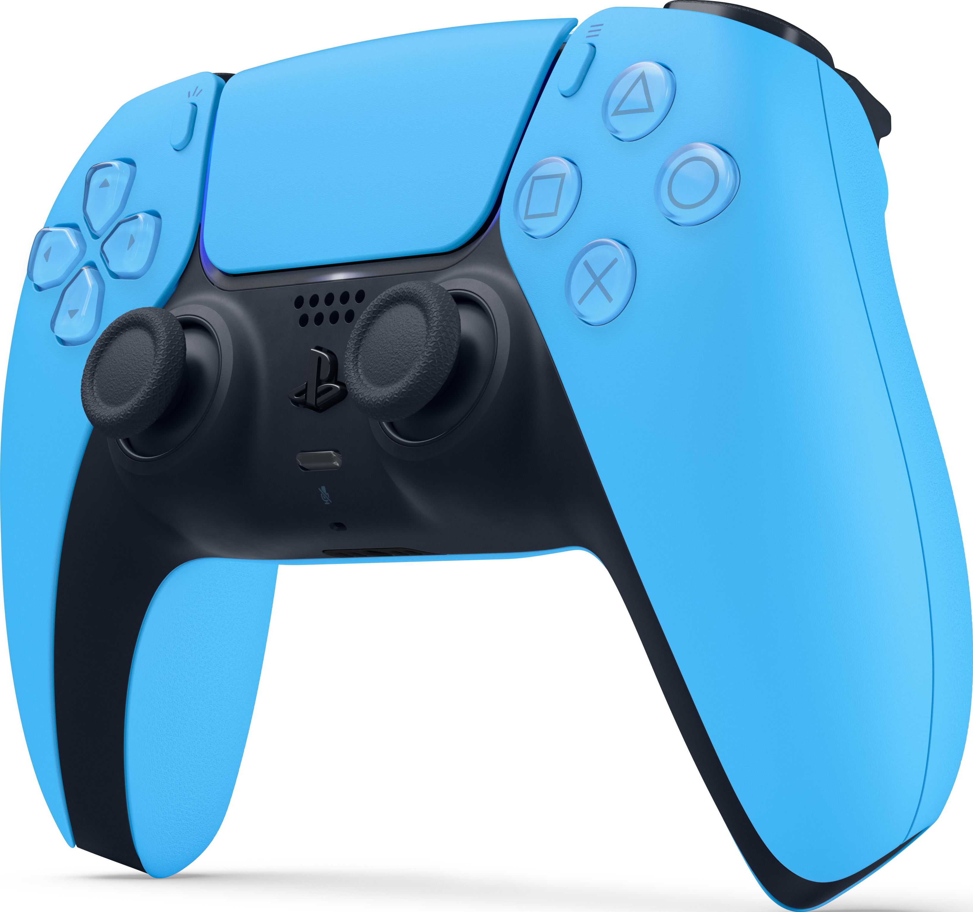 Une manette PlayStation 5 bleue et noire. Comprend des boutons, des joysticks et un pavé tactile. Isolé sur fond noir.