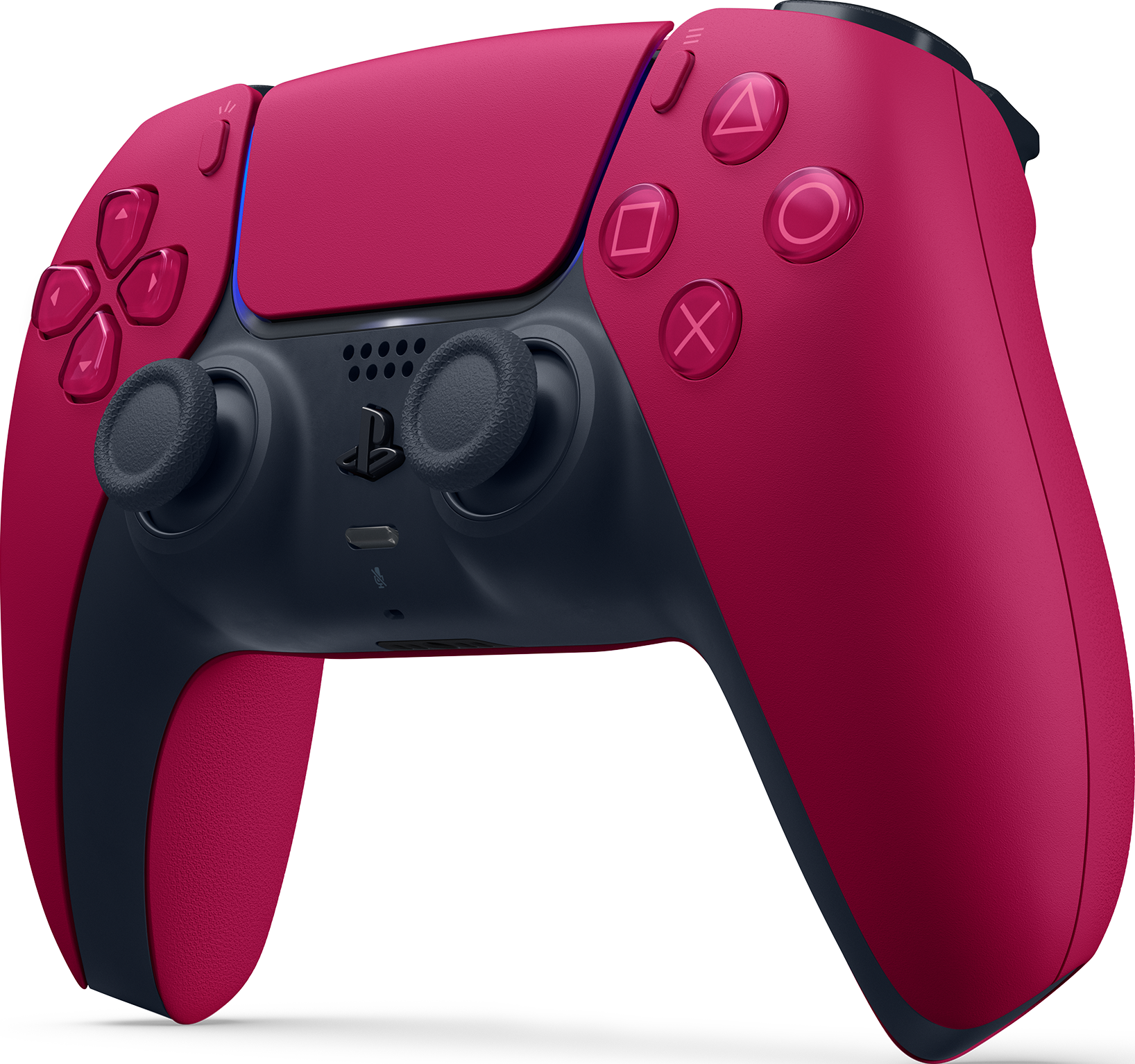 Ein roter und schwarzer PlayStation 5 Controller. Tasten sind Dreieck, Quadrat, X und Kreis. Joysticks und Steuerkreuz sind sichtbar.