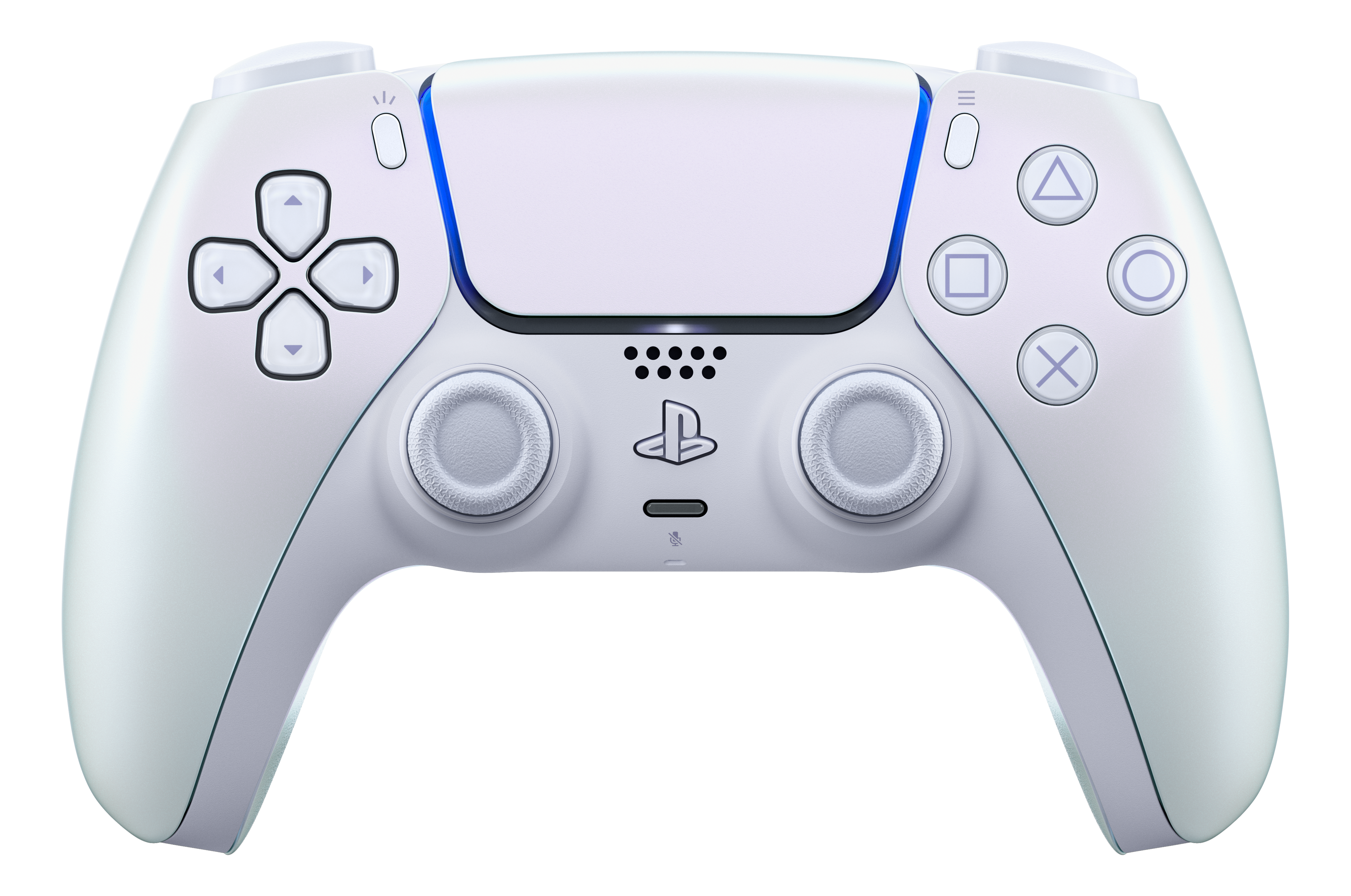 Un controller bianco Playstation 5, con pulsanti come un D-pad, forme e levette analogiche, su sfondo bianco.