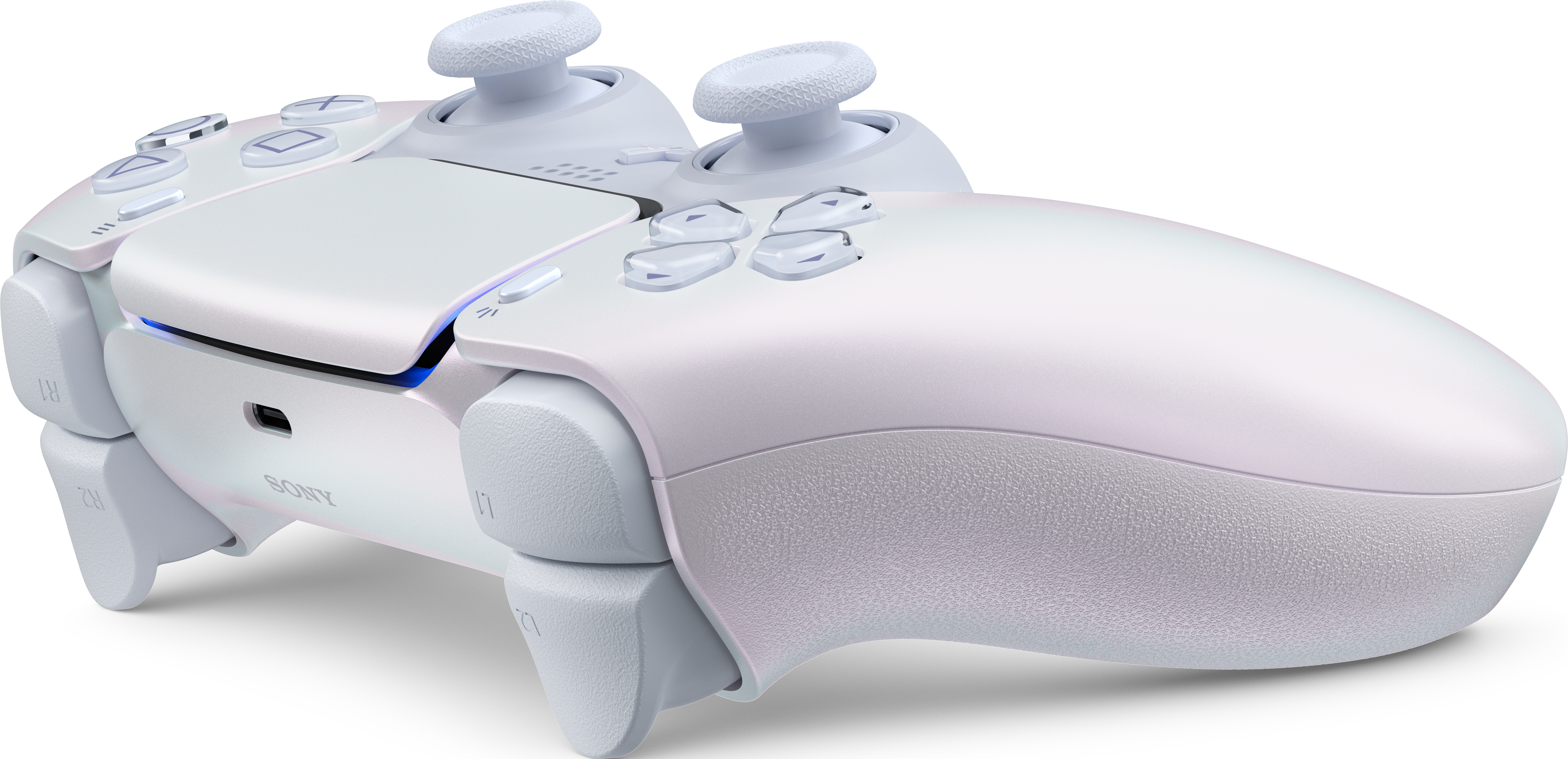 Un controller bianco Playstation 5, con pulsanti e levette analogiche. Il logo Sony è visibile.