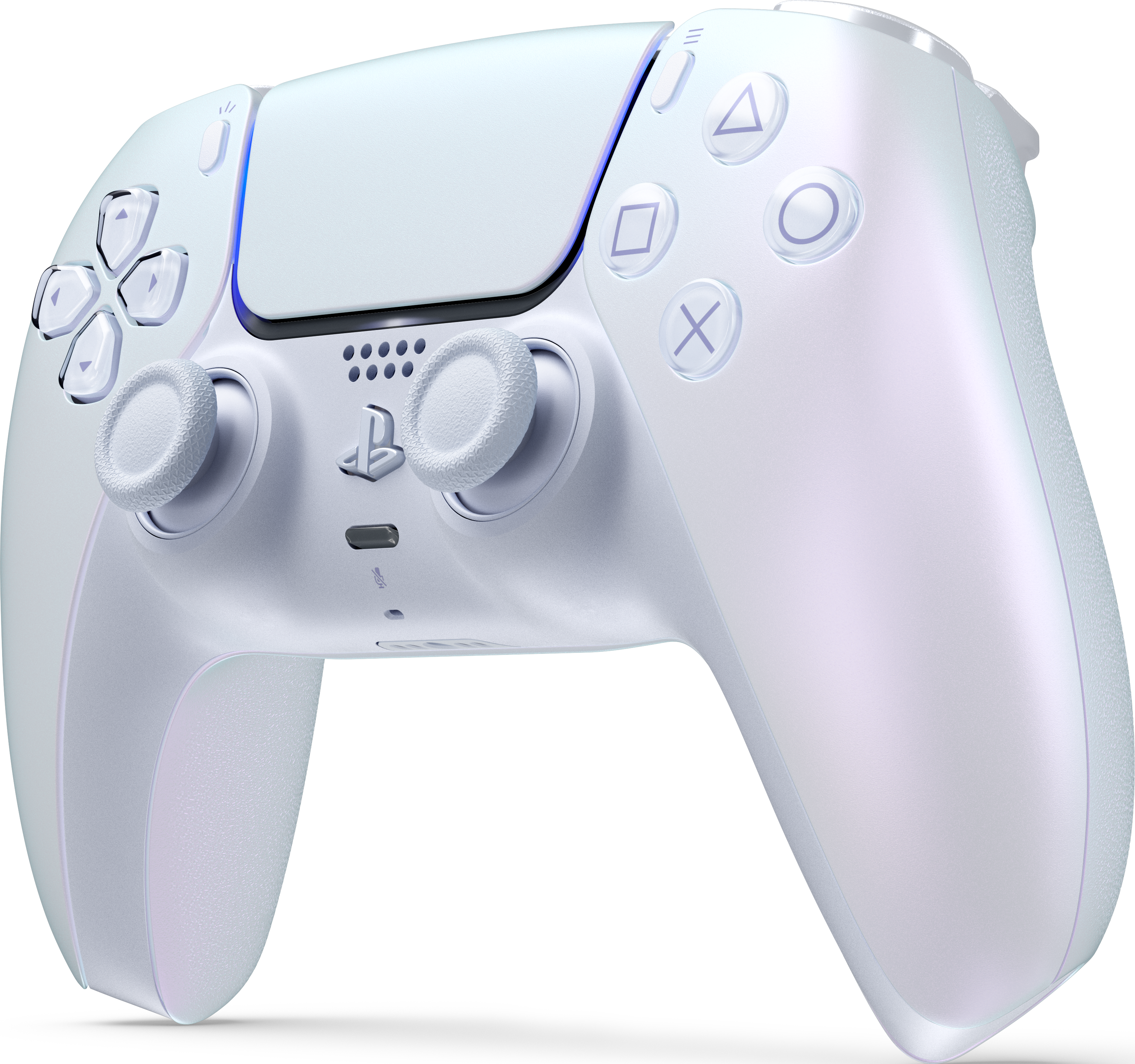 Un controller bianco e iridescente Playstation 5, con pulsanti ben visibili. Il controller è su sfondo bianco.