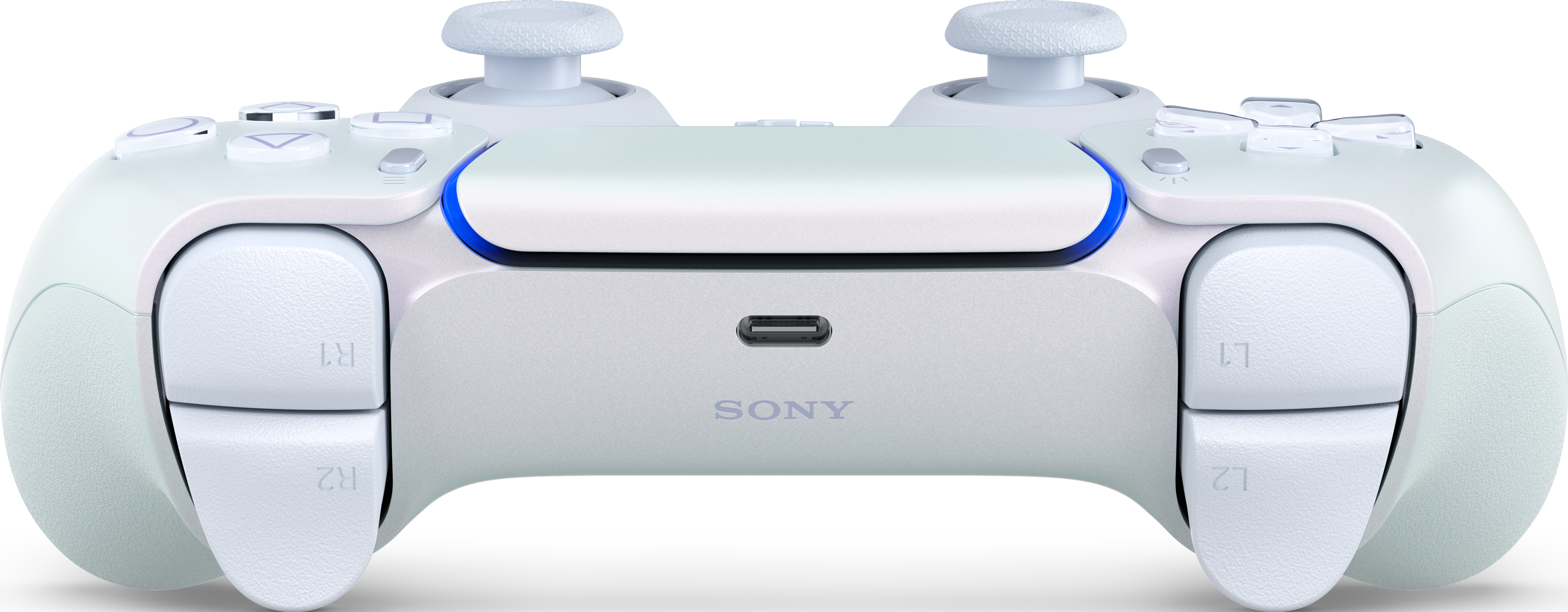 Un controller PlayStation 5 bianco e azzurro. Ha pulsanti, grilletti e levette. Il logo Sony è visibile.
