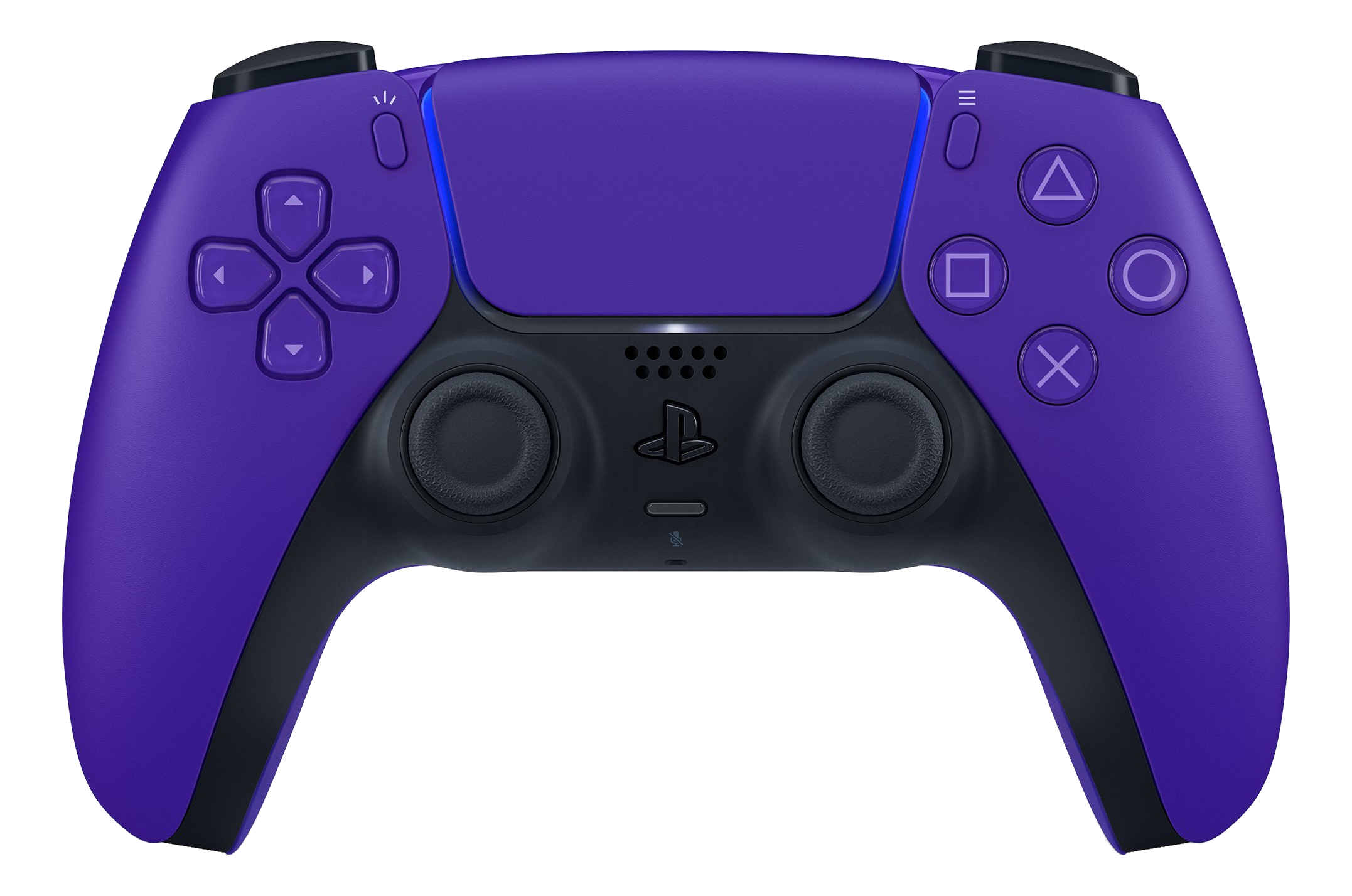 Ein lila PlayStation 5-Controller. Mit Tasten, Steuerknüppeln und dem PlayStation-Logo. Schwarze Akzente, auf schwarzem Hintergrund.